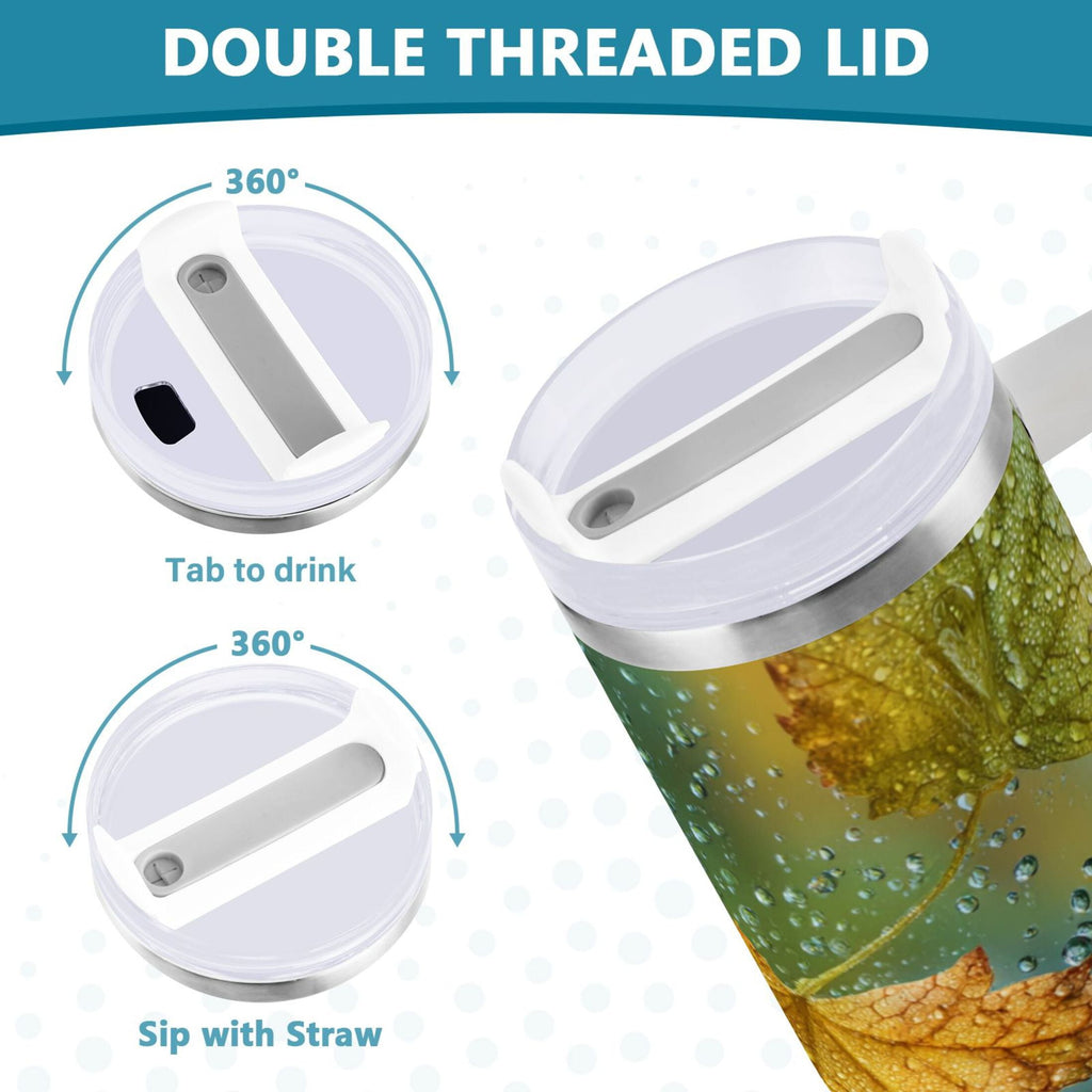 30 oz Insulated Stainless Steel Tumbler Double Wall Stainless Steel Tumbler with 2-Way Drinking Leaves with Water Droplets