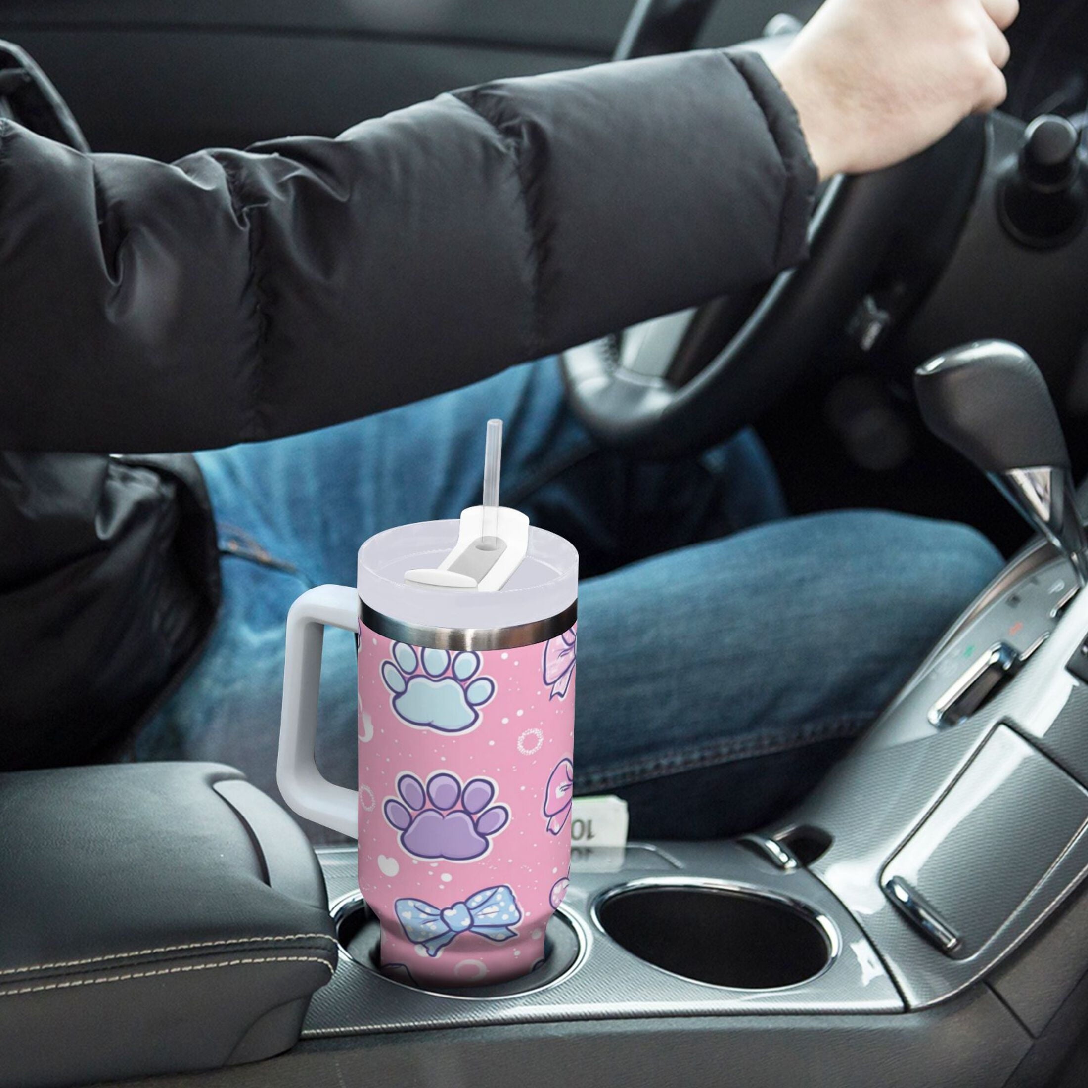 30 oz Insulated Stainless Steel Tumbler Double Wall Stainless Steel Tumbler with 2-Way Drinking Dog Paw Prints and Bows