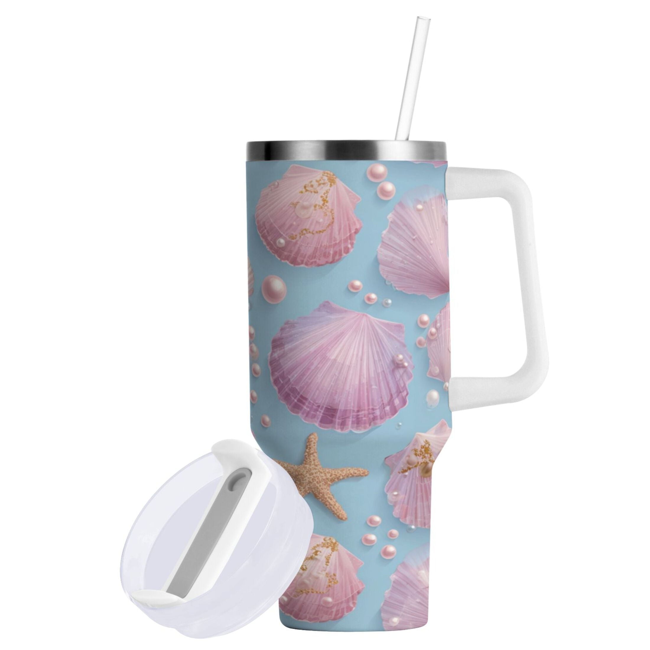 40 oz Insulated Stainless Steel Tumbler Double Wall Stainless Steel Tumbler with 2-Way Drinking Seashells and Pearls Pattern