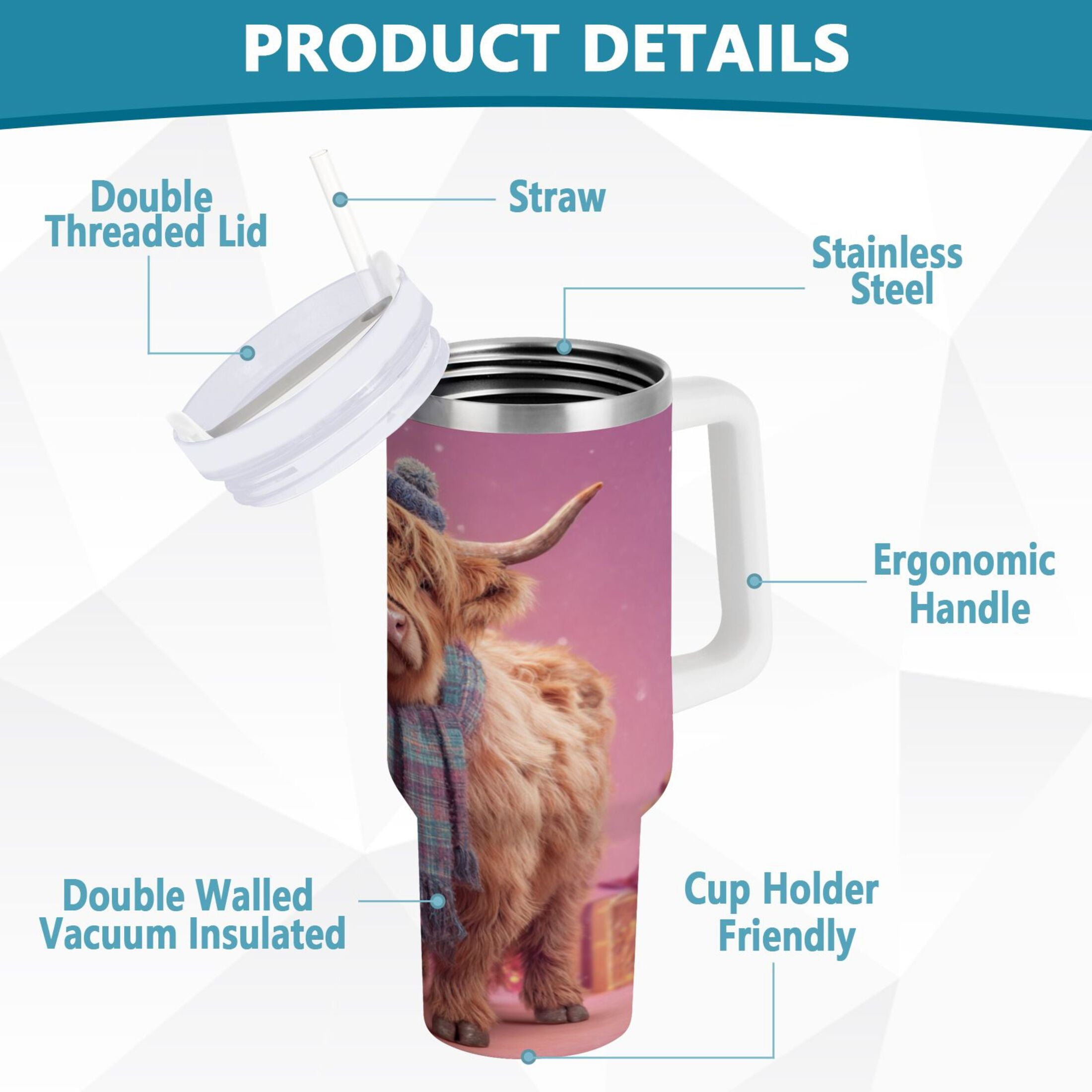 30 oz Insulated Stainless Steel Tumbler Double Wall Stainless Steel Tumbler with 2-Way Drinking Cow Wearing Christmas