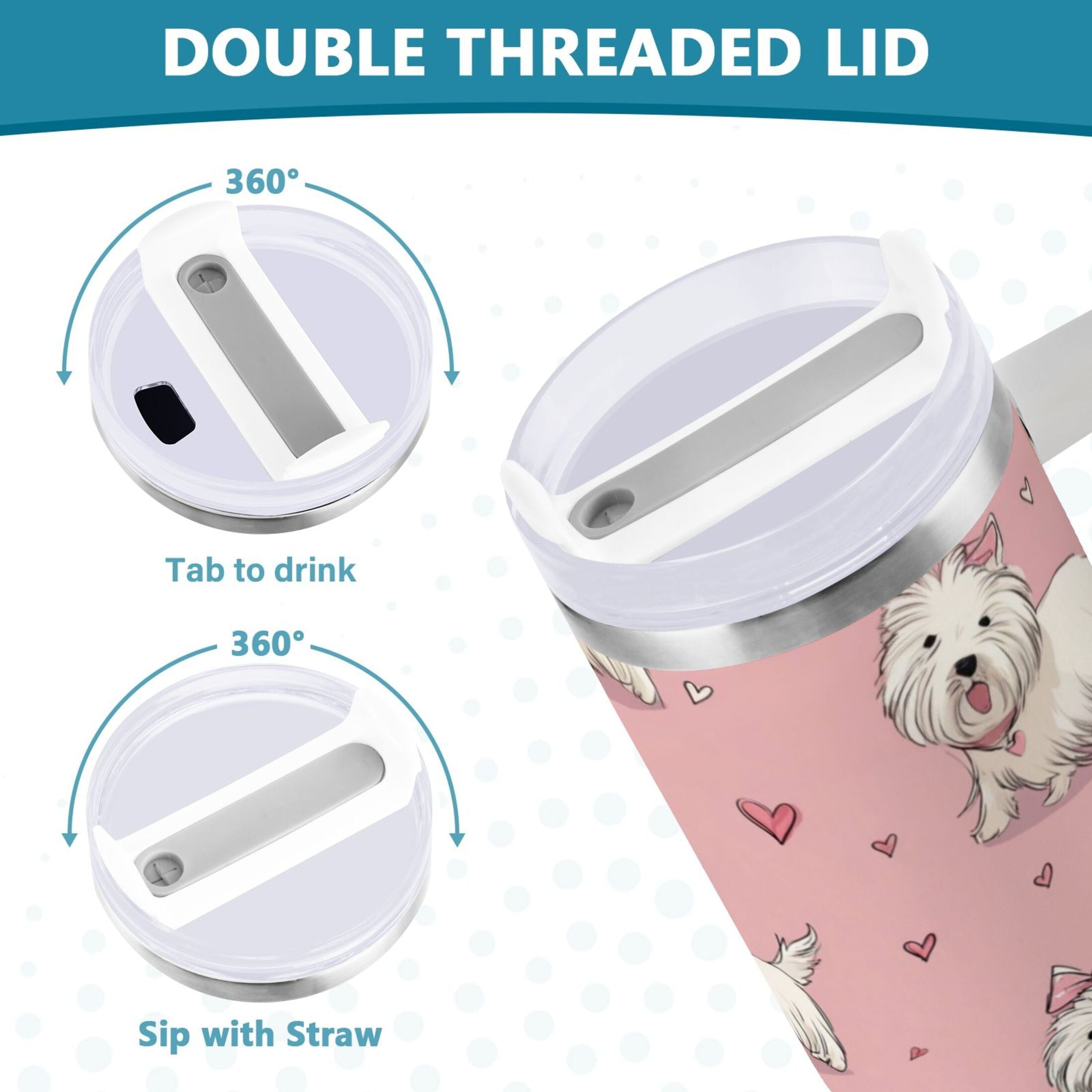 30 oz Insulated Stainless Steel Tumbler Double Wall Stainless Steel Tumbler with 2-Way Drinking Dogs Wearing Bows