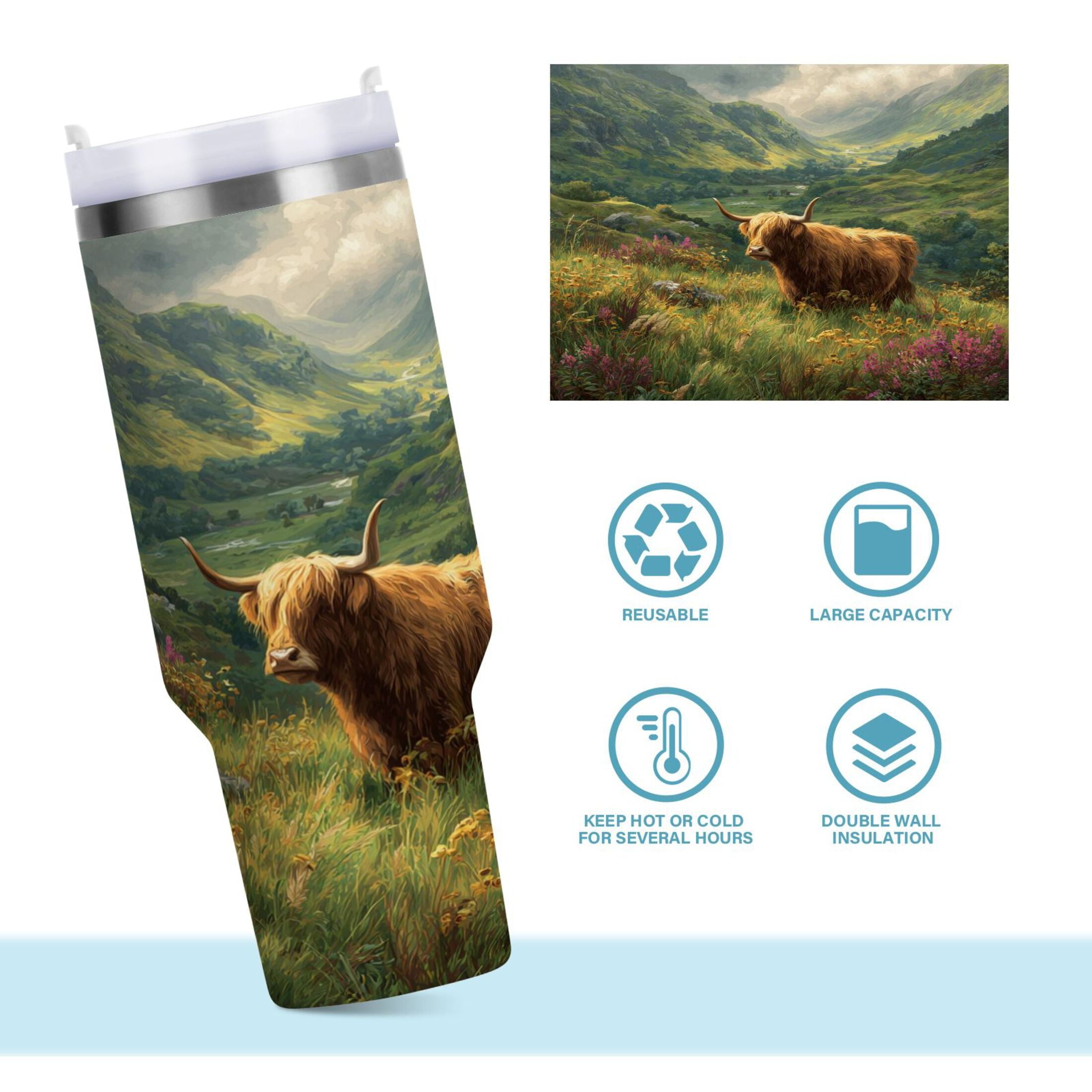 30 oz Insulated Stainless Steel Tumbler Double Wall Stainless Steel Tumbler with 2-Way Drinking Cow in Green Rolling Hills