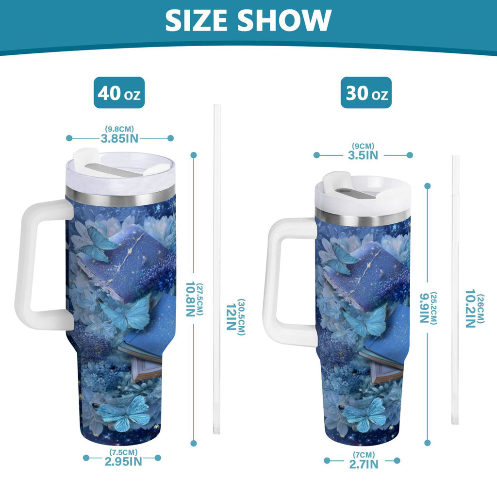30 oz Insulated Stainless Steel Tumbler Double Wall Stainless Steel Tumbler with 2-Way Drinking Butterflies Books and Flowers