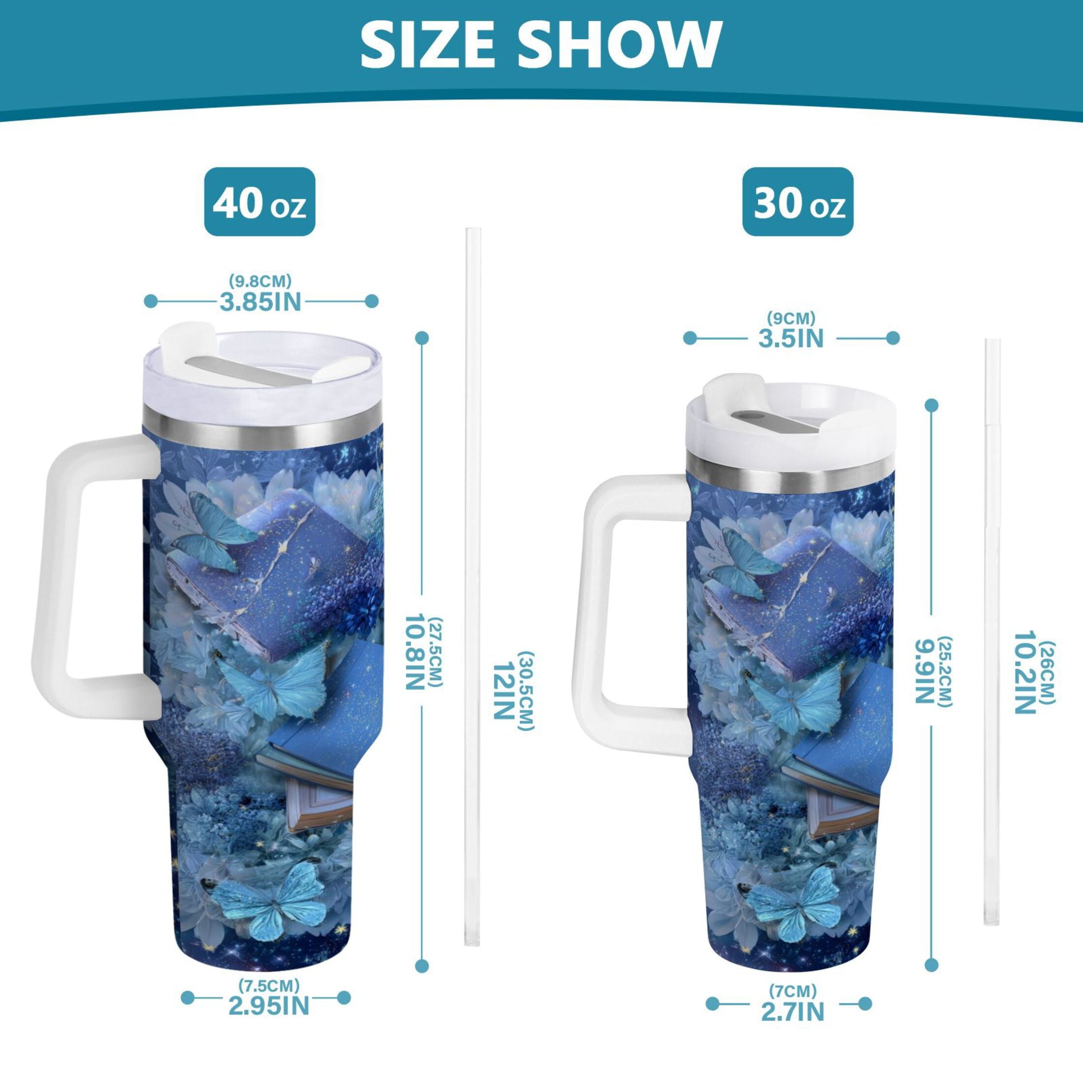 30 oz Insulated Stainless Steel Tumbler Double Wall Stainless Steel Tumbler with 2-Way Drinking Butterflies Books and Flowers