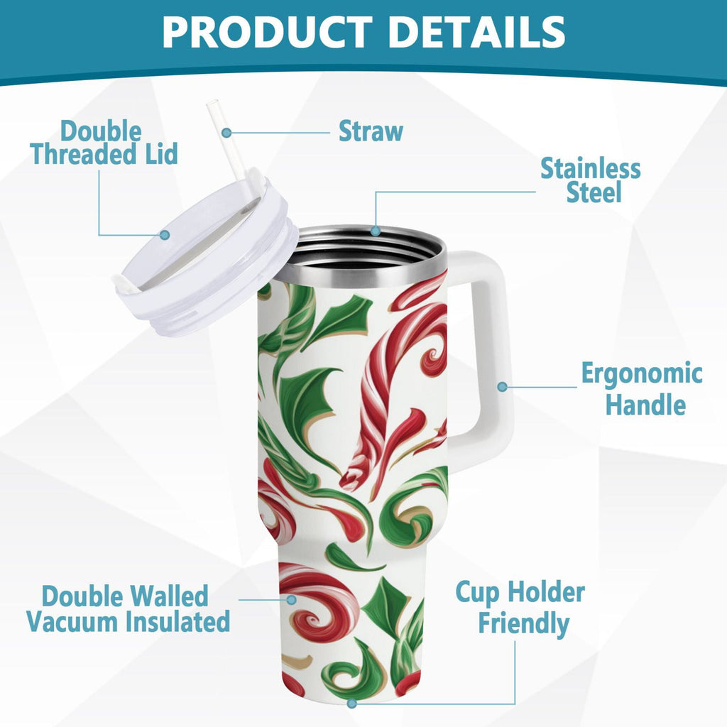 40 oz Insulated Stainless Steel Tumbler Double Wall Stainless Steel Tumbler with 2-Way Drinking Red and Green Candy-cane