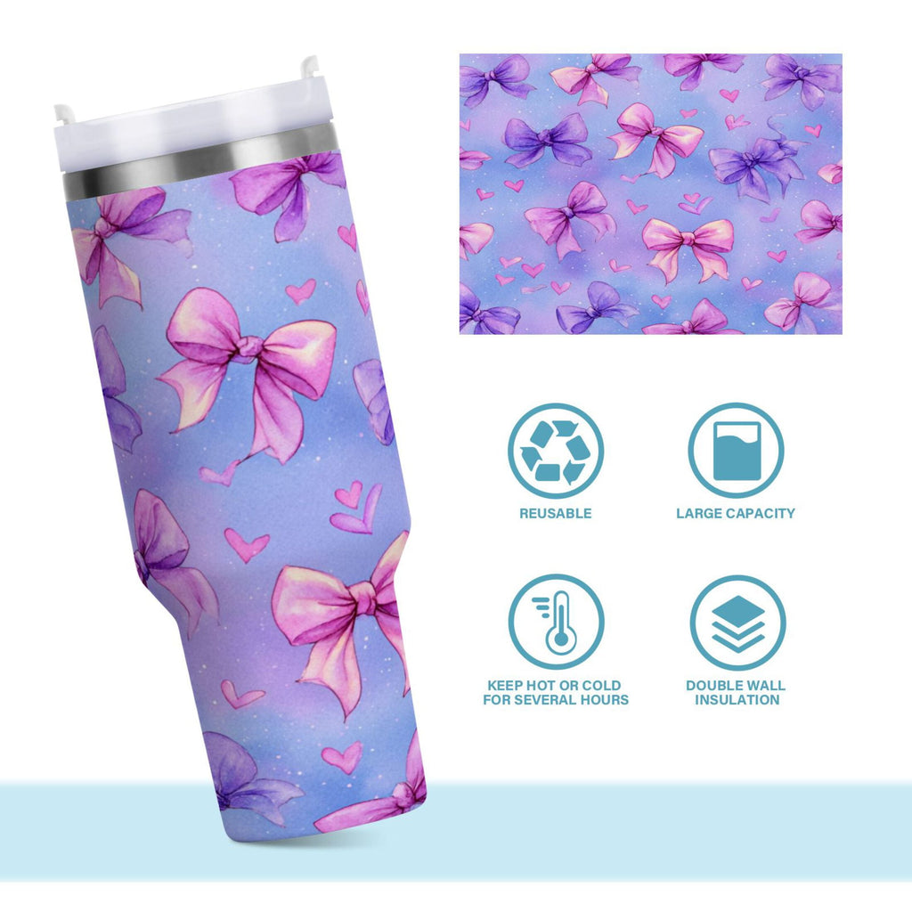 30 oz Insulated Stainless Steel Tumbler Double Wall Stainless Steel Tumbler with 2-Way Drinking Watercolor Bows Pattern