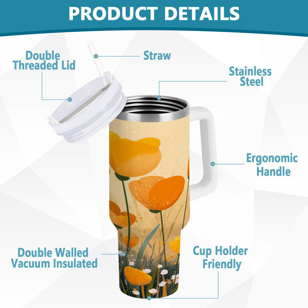 30 oz Insulated Stainless Steel Tumbler Double Wall Stainless Steel Tumbler with 2-Way Drinking Yellow Flowers on The Grass