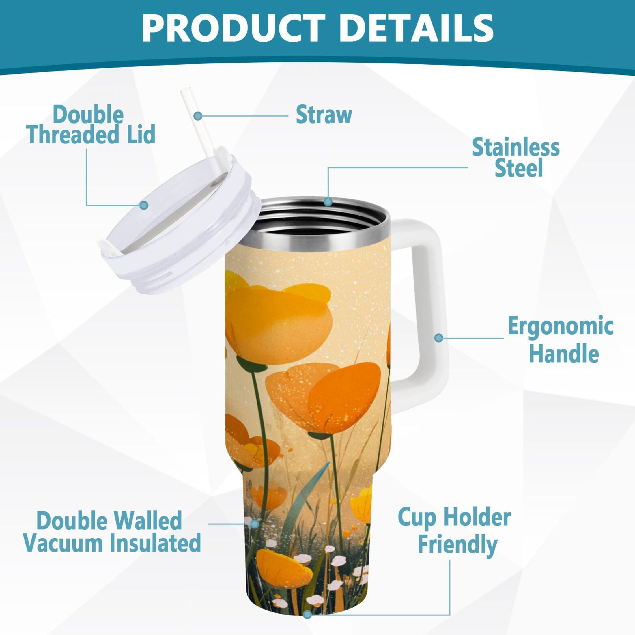 30 oz Insulated Stainless Steel Tumbler Double Wall Stainless Steel Tumbler with 2-Way Drinking Yellow Flowers on The Grass