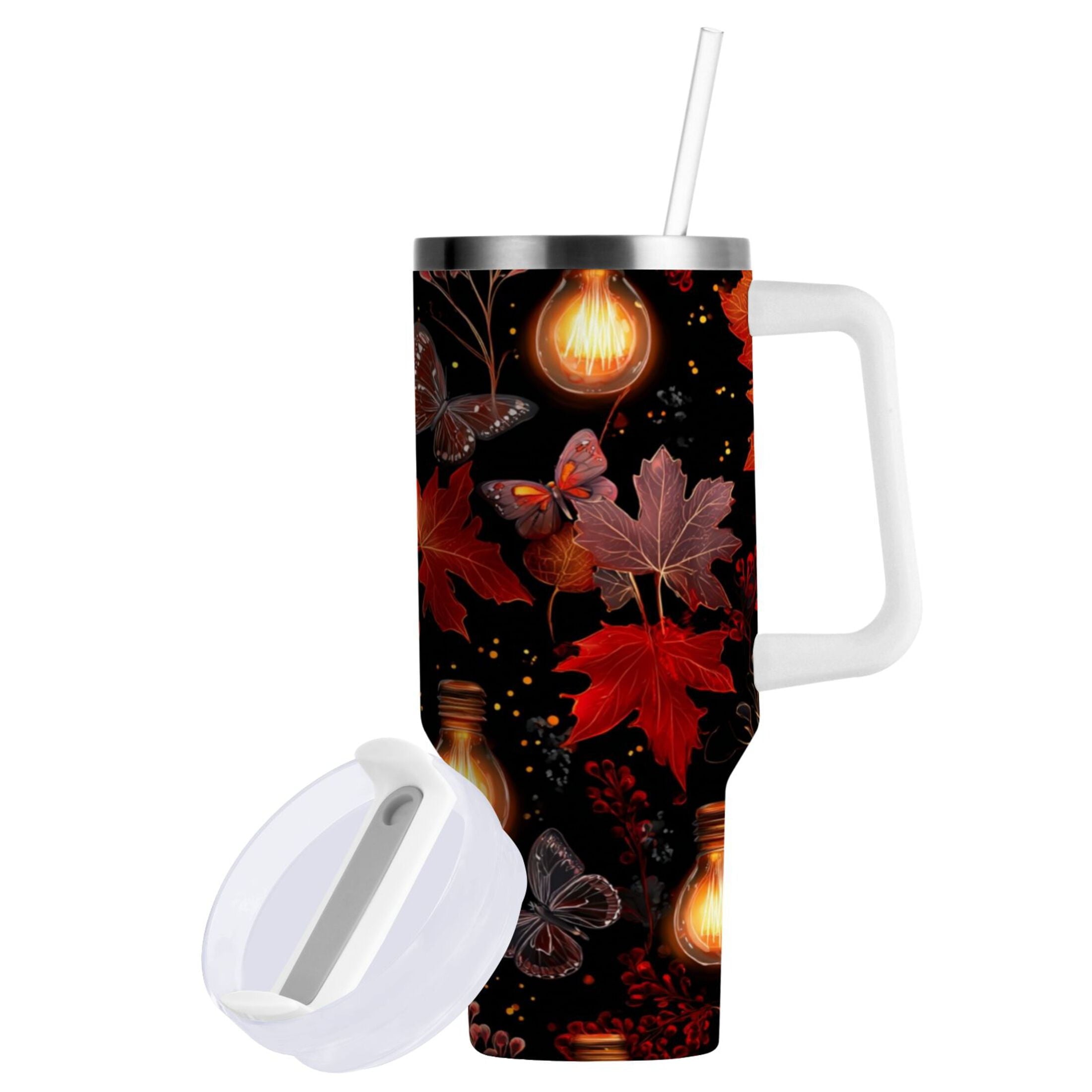 40 oz Insulated Stainless Steel Tumbler Double Wall Stainless Steel Tumbler with 2-Way Drinking Light Bulbs and Maple Leaves