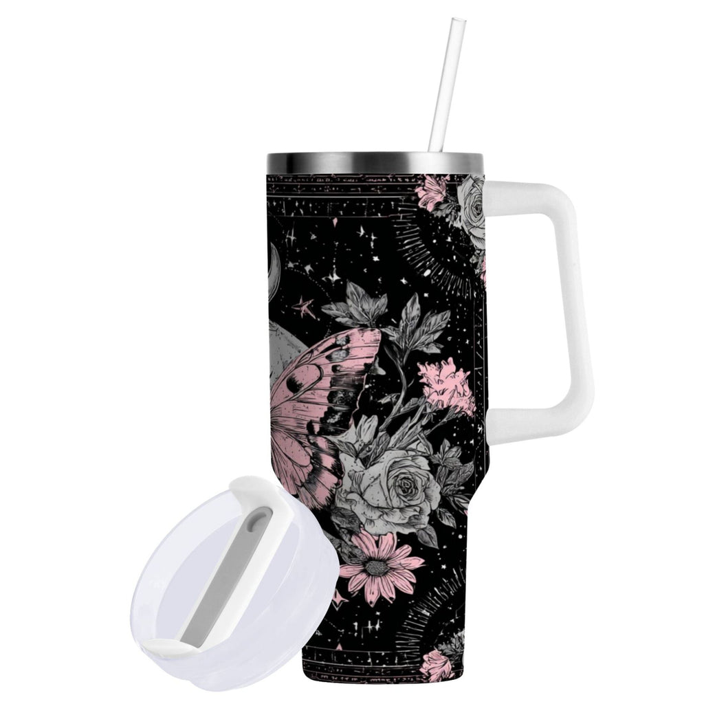 30 oz Insulated Stainless Steel Tumbler Double Wall Stainless Steel Tumbler with 2-Way Drinking Butterfly by Moon and Flowers