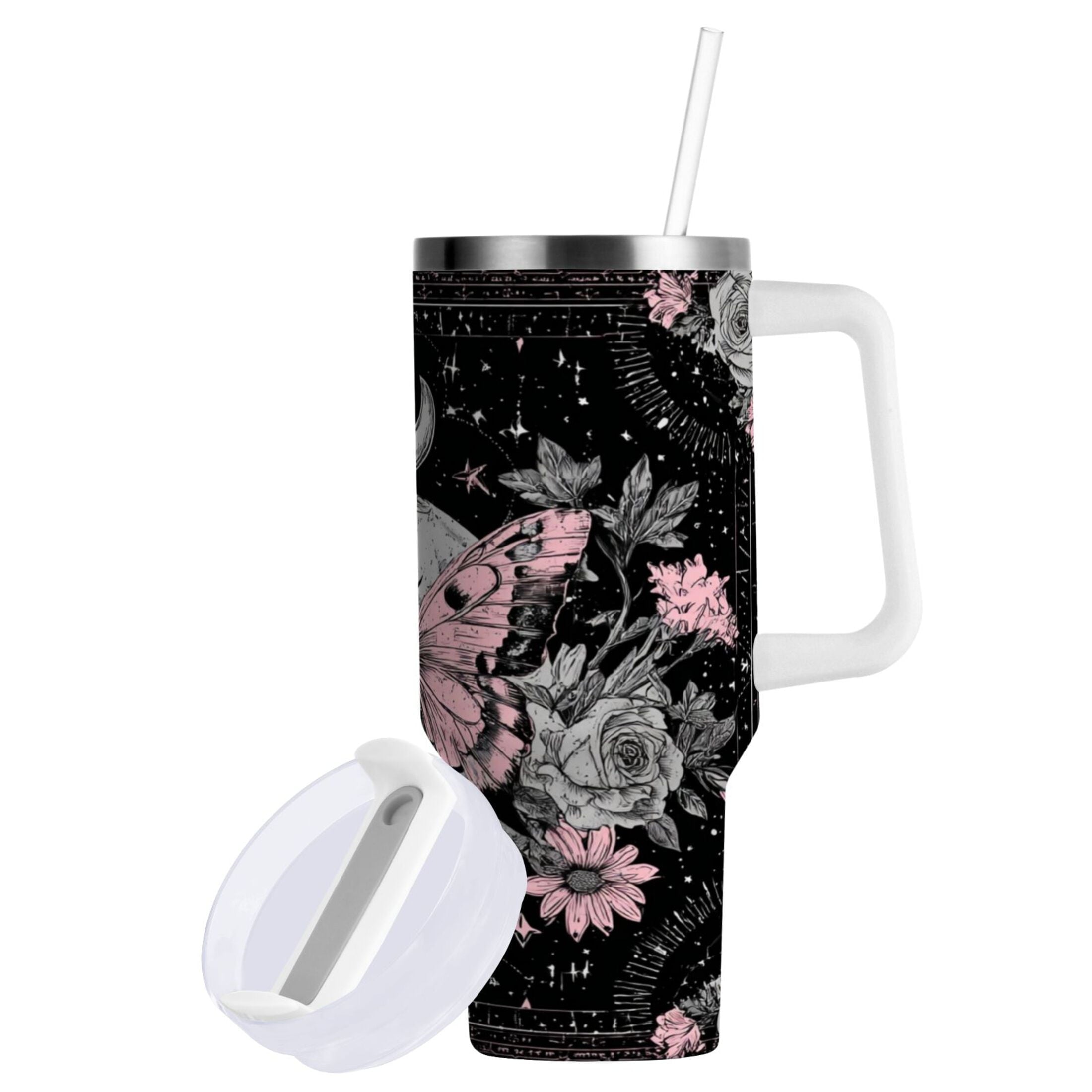 30 oz Insulated Stainless Steel Tumbler Double Wall Stainless Steel Tumbler with 2-Way Drinking Butterfly by Moon and Flowers