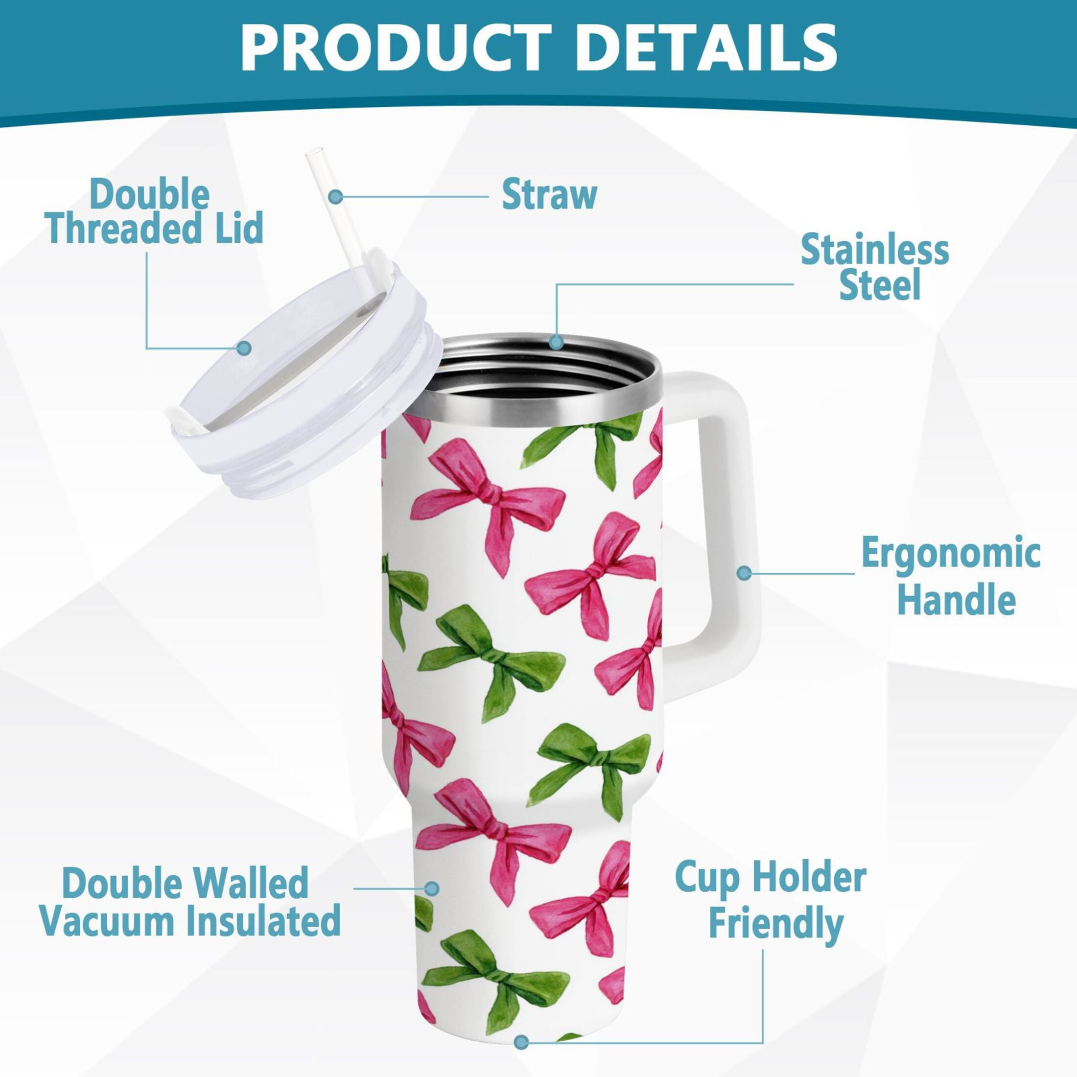 30 oz Insulated Stainless Steel Tumbler Double Wall Stainless Steel Tumbler with 2-Way Drinking Pink Bows and Green Ribbons