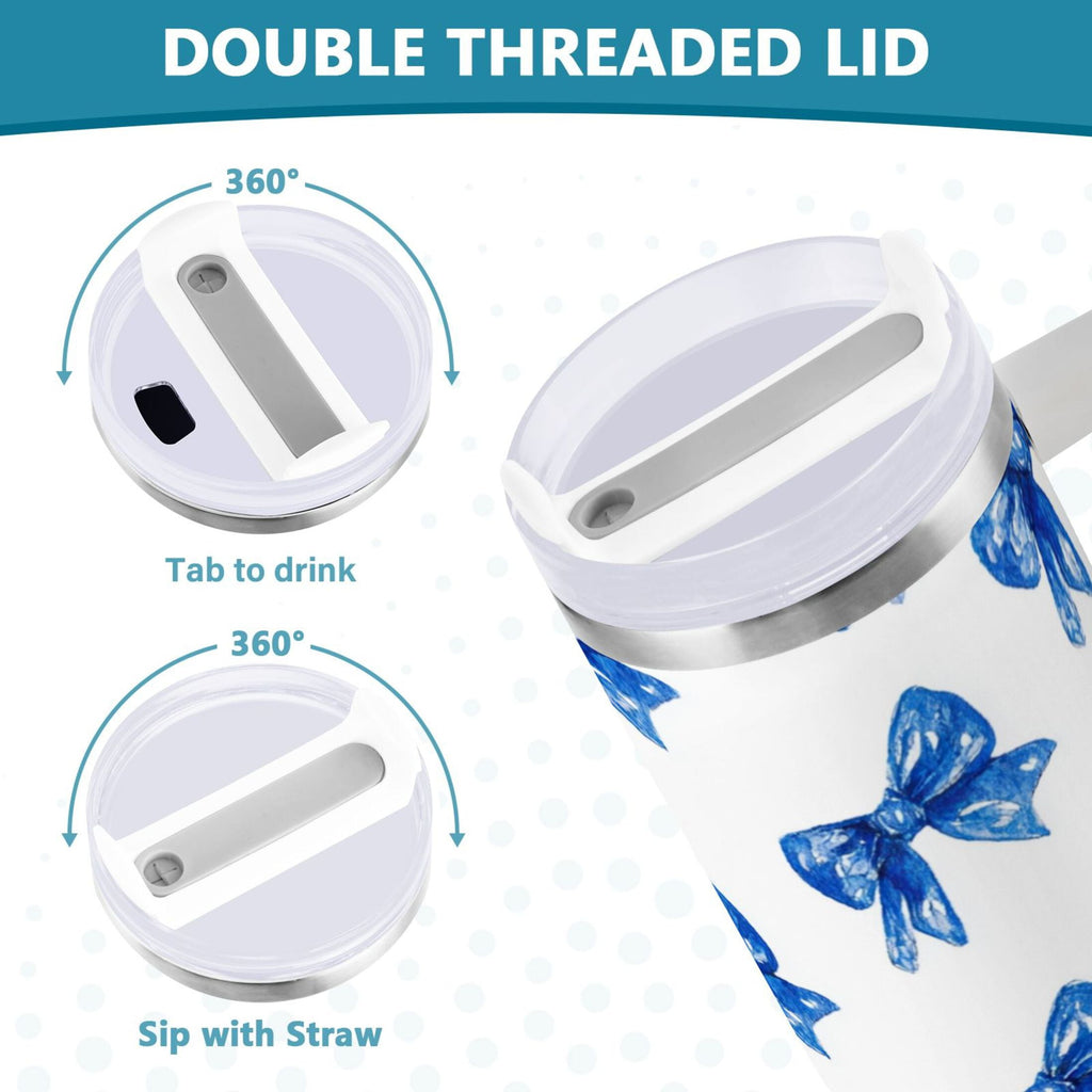 30 oz Insulated Stainless Steel Tumbler Double Wall Stainless Steel Tumbler with 2-Way Drinking Blue Bows Pattern
