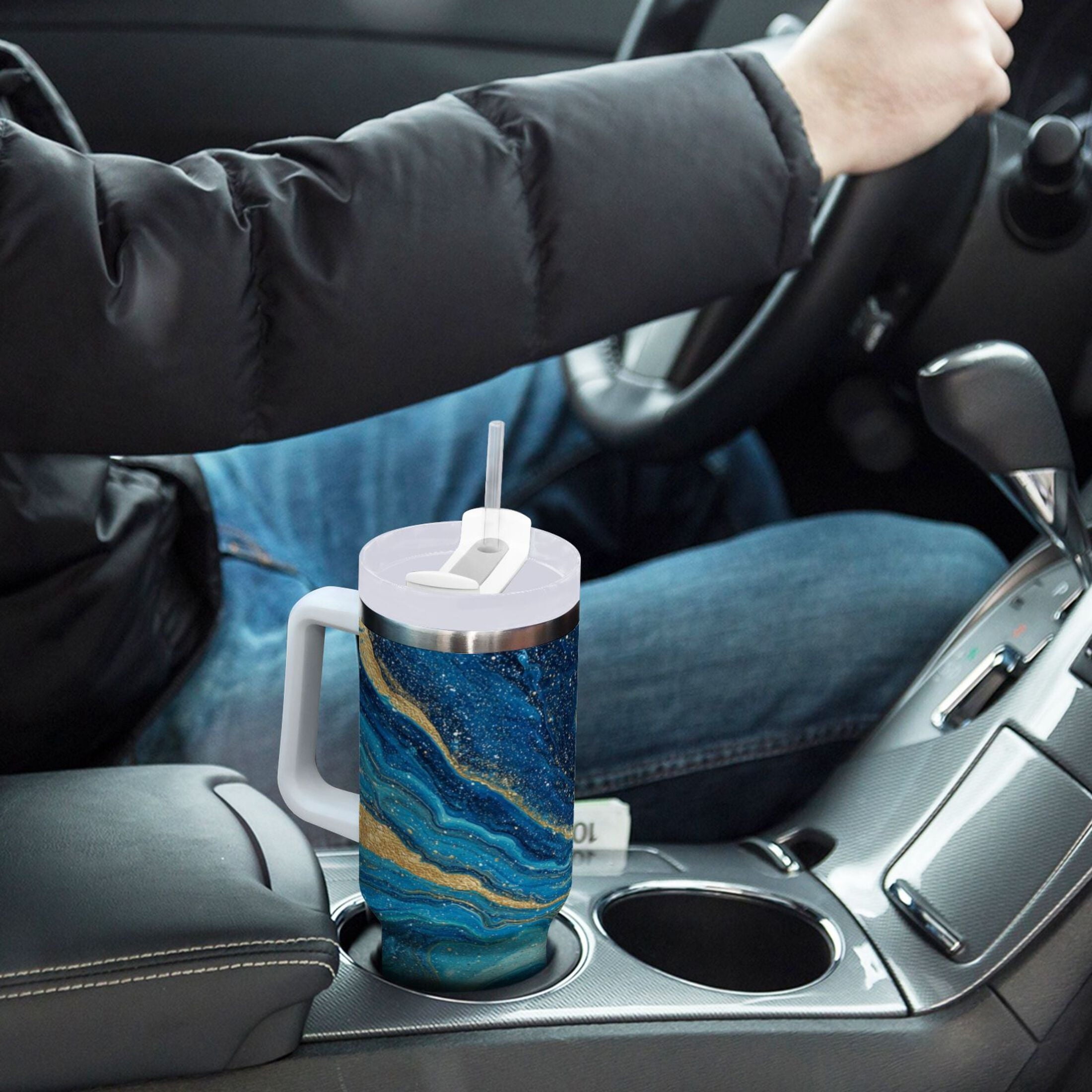 30 oz Insulated Stainless Steel Tumbler Double Wall Stainless Steel Tumbler with 2-Way Drinking Blue and Gold Ocean