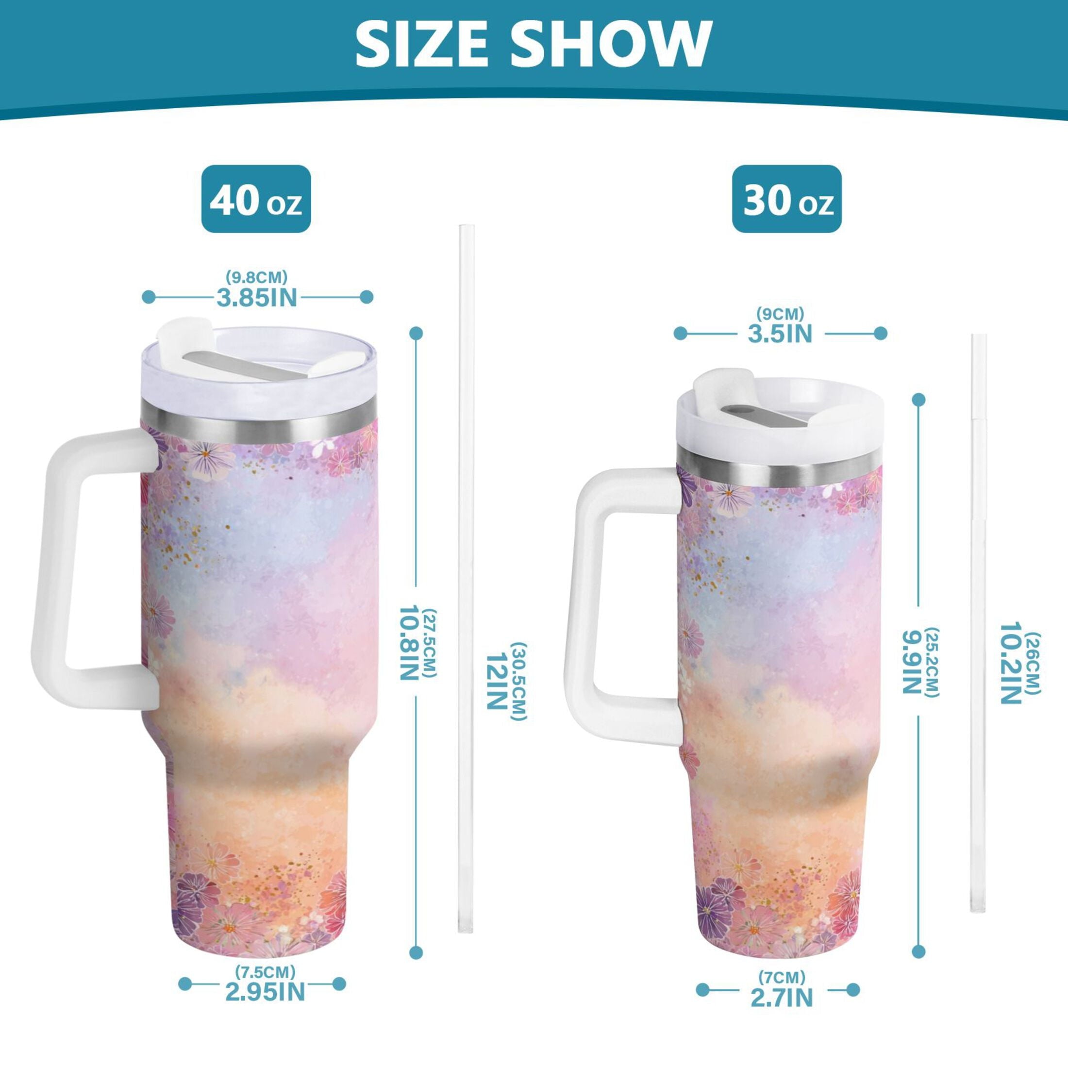 30 oz Insulated Stainless Steel Tumbler Double Wall Stainless Steel Tumbler with 2-Way Drinking Colorful Pastel Floral Pattern