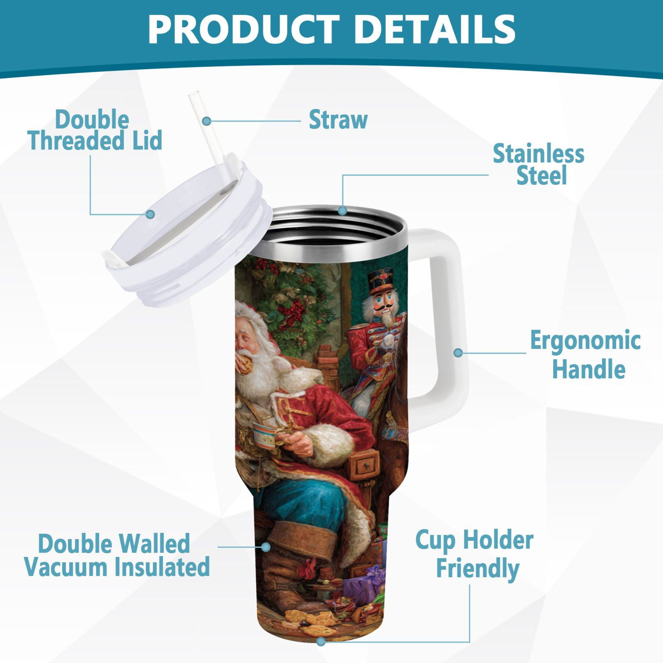 40 oz Insulated Stainless Steel Tumbler Double Wall Stainless Steel Tumbler with 2-Way Drinking Santa Eating Cookies