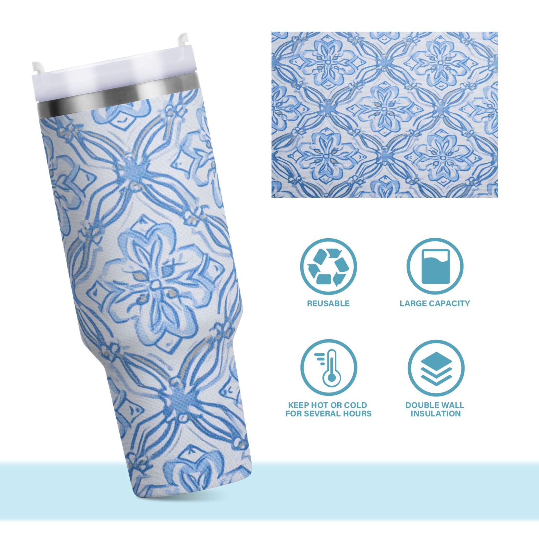 30 oz Insulated Stainless Steel Tumbler Double Wall Stainless Steel Tumbler with 2-Way Drinking Blue Elegant Geometric Design