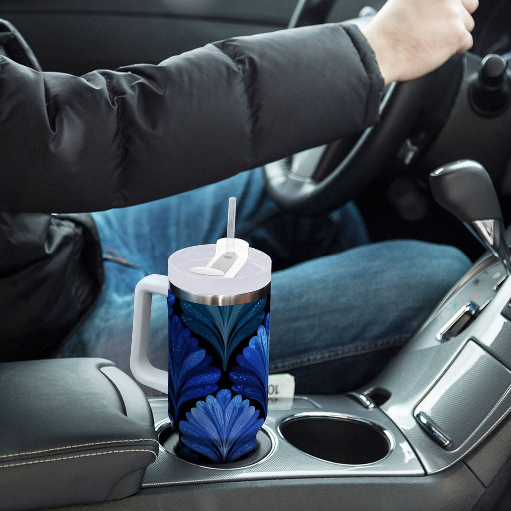 30 oz Insulated Stainless Steel Tumbler Double Wall Stainless Steel Tumbler with 2-Way Drinking Blue Batik Leaves Pattern