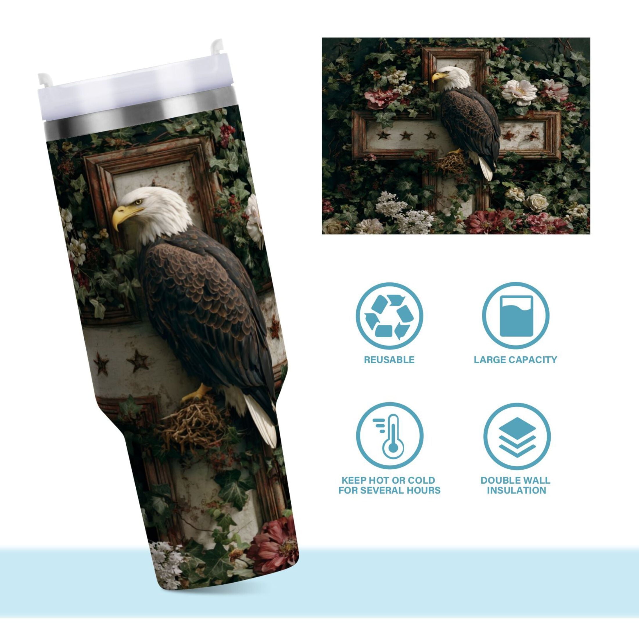 30 oz Insulated Stainless Steel Tumbler Double Wall Stainless Steel Tumbler with 2-Way Drinking Wreath and Bald Eagle