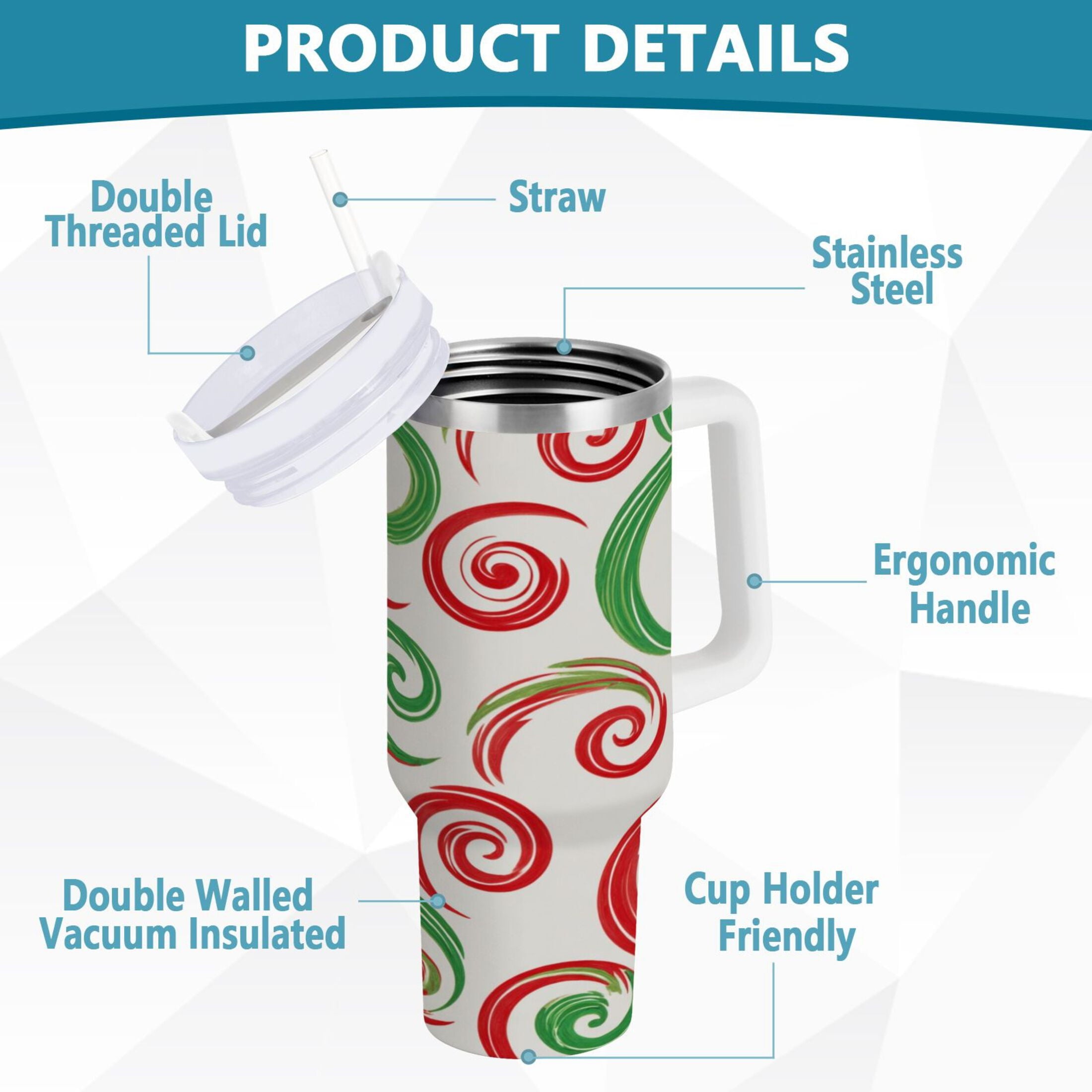 40 oz Insulated Stainless Steel Tumbler Double Wall Stainless Steel Tumbler with 2-Way Drinking Red and Green Swirls