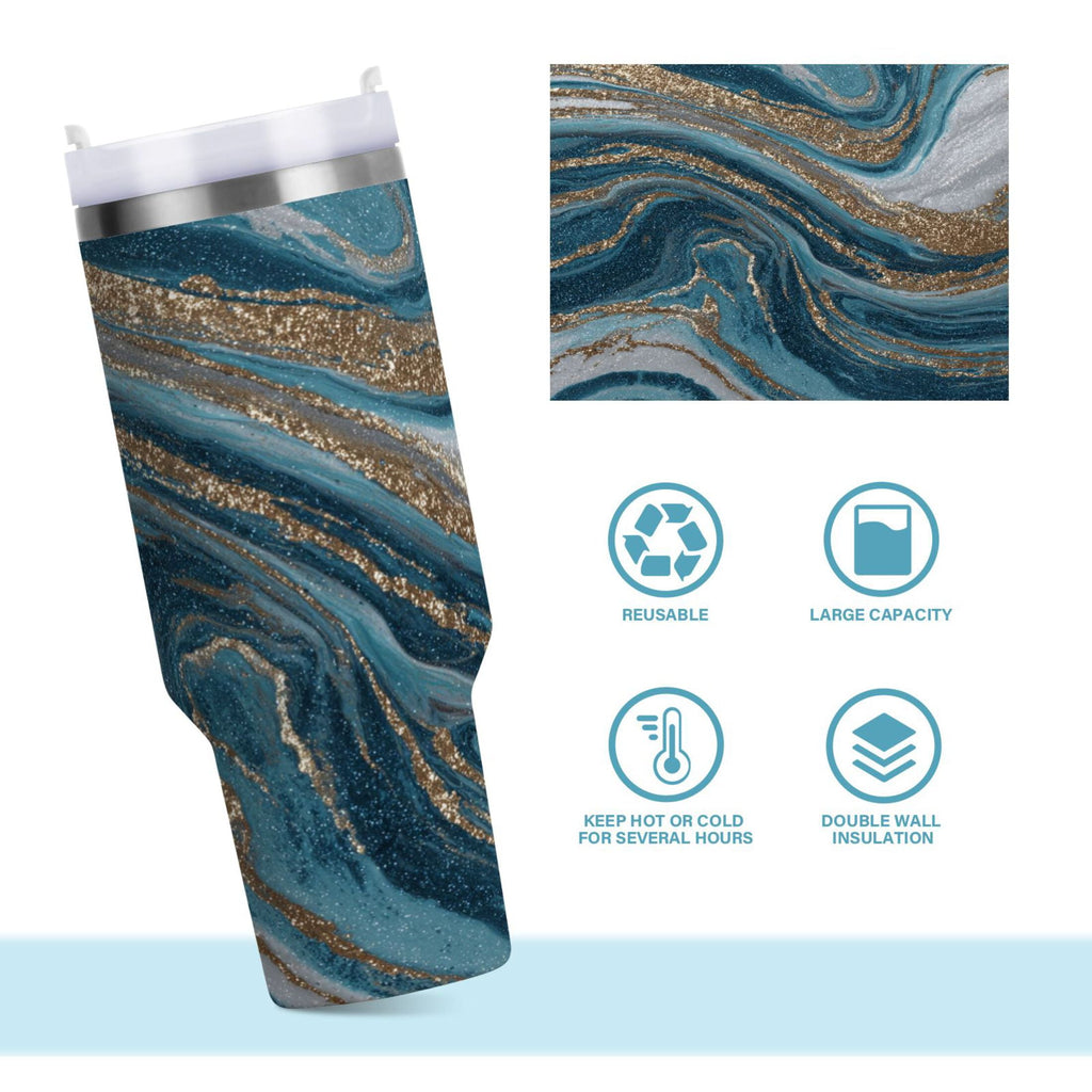 30 oz Insulated Stainless Steel Tumbler Double Wall Stainless Steel Tumbler with 2-Way Drinking Blue and Gold Swirling