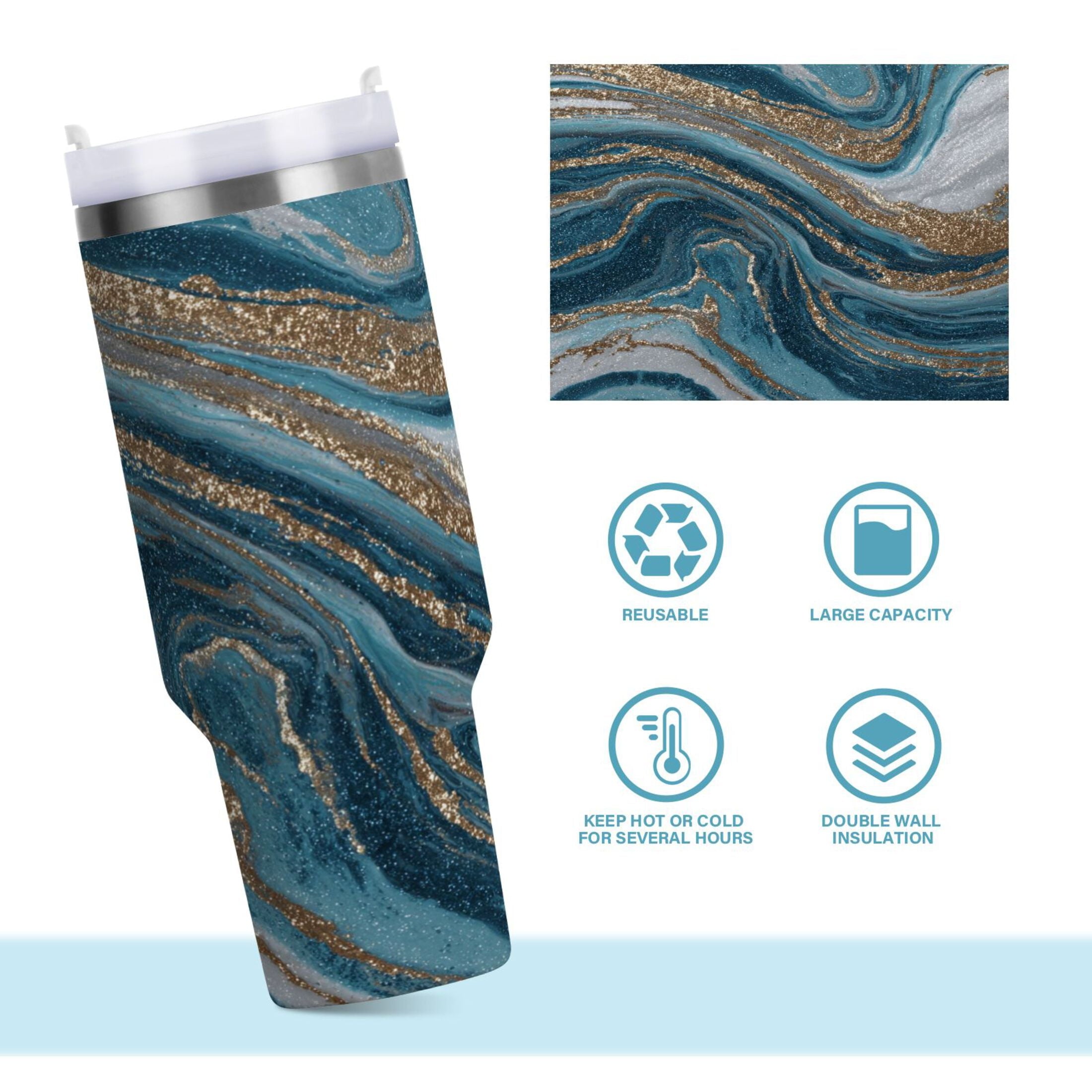 30 oz Insulated Stainless Steel Tumbler Double Wall Stainless Steel Tumbler with 2-Way Drinking Blue and Gold Swirling