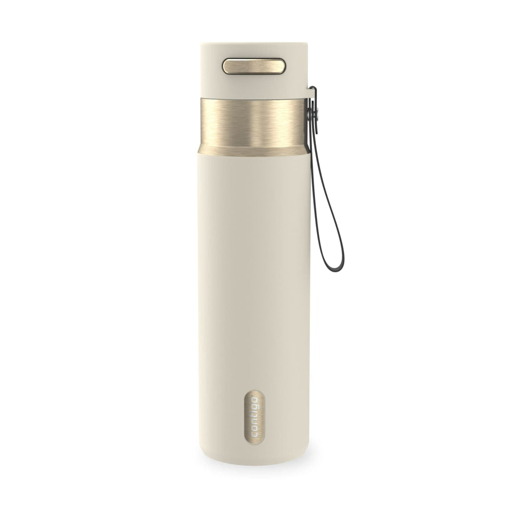 Contigo AutoSeal Leakproof Stainless Steel Reusable Water Bottle Tumbler with Carrying Strap, Cream/Champagne, 24 oz