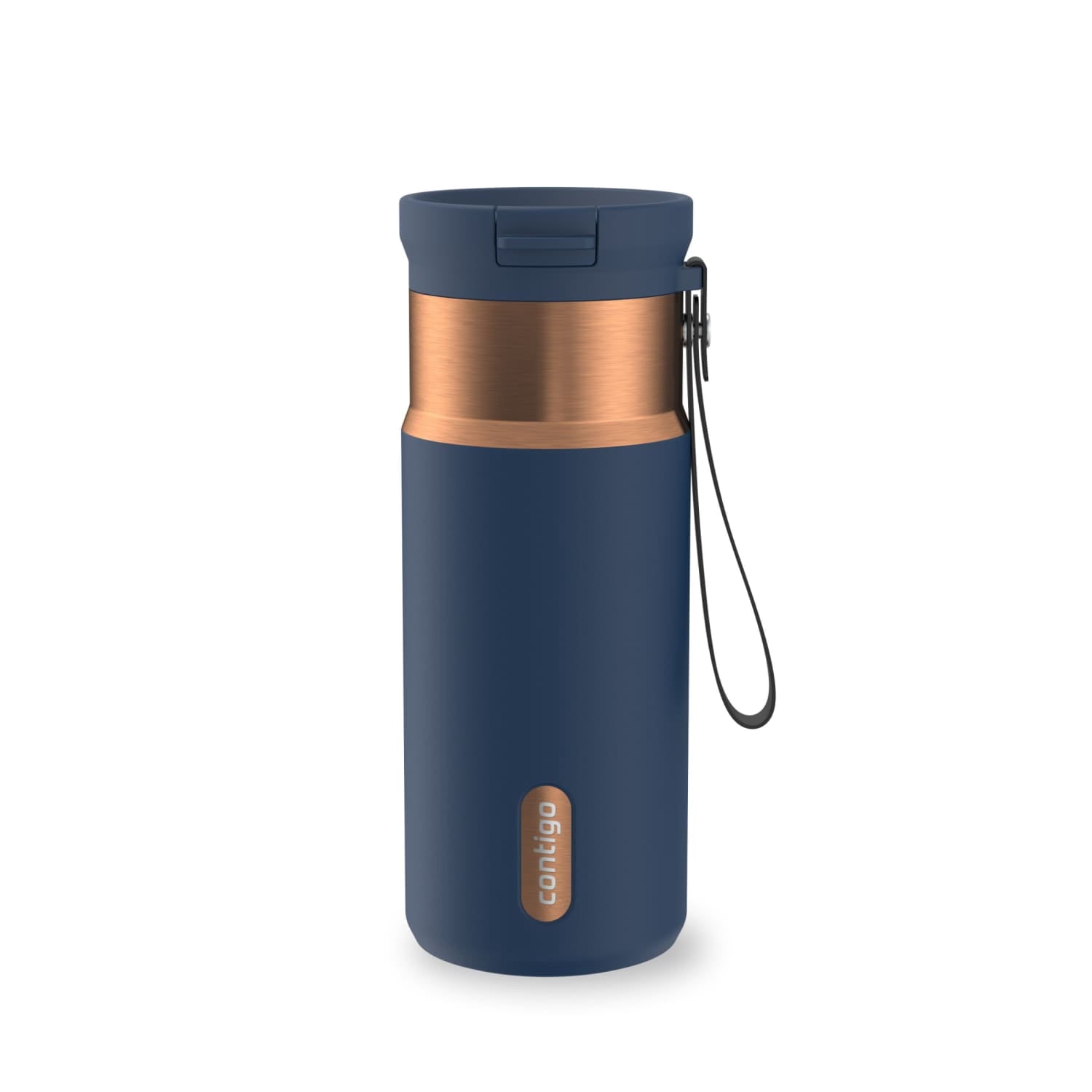 Contigo SnapSeal Leakproof Stainless Steel Reusable Water Bottle with Carrying Strap, Black/Bronze, 16 oz