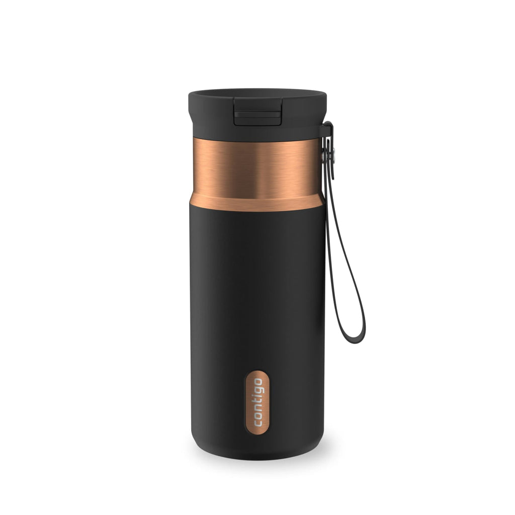 Contigo SnapSeal Leakproof Stainless Steel Reusable Water Bottle with Carrying Strap, Black/Bronze, 16 oz