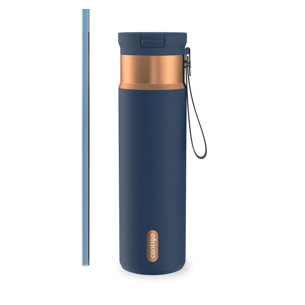 Contigo SnapSeal Leakproof Stainless Steel Reusable Water Bottle with Carrying Strap, Dark Blue/Bronze, 24 oz