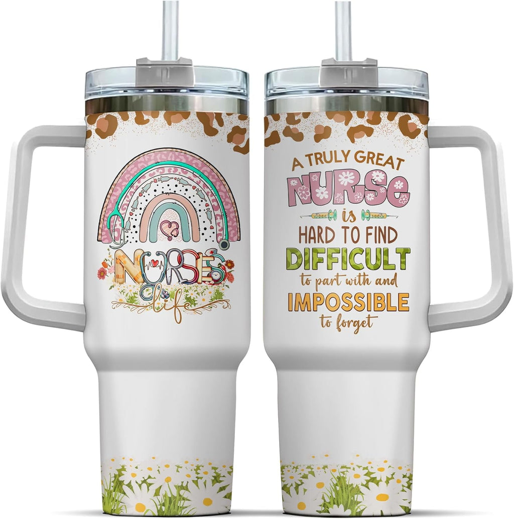 Tumbler 40 Oz With Handle Lid And Straw, Nurse Gifts, Black Camo White Engraved Print Travel Nurses Tumblers Handle Funny Cups Nursing For, Great Nurse Rainbow Daisy Flower