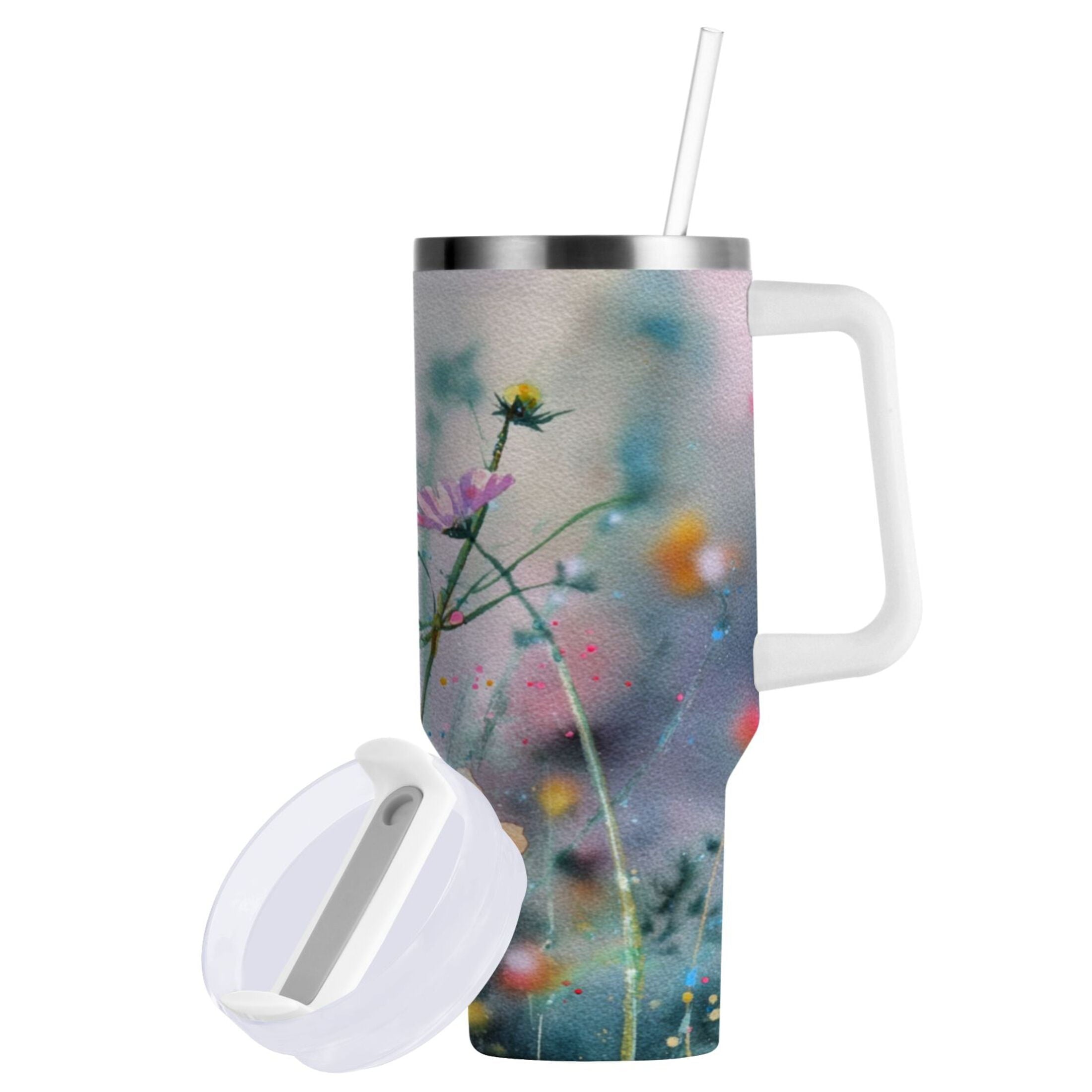 40 oz Insulated Stainless Steel Tumbler Double Wall Stainless Steel Tumbler with 2-Way Drinking Abstract Wildflowers