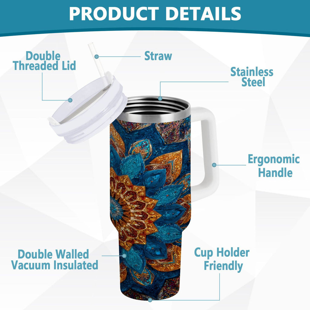 40 oz Insulated Stainless Steel Tumbler Double Wall Stainless Steel Tumbler with 2-Way Drinking Intricate Geometric Shapes