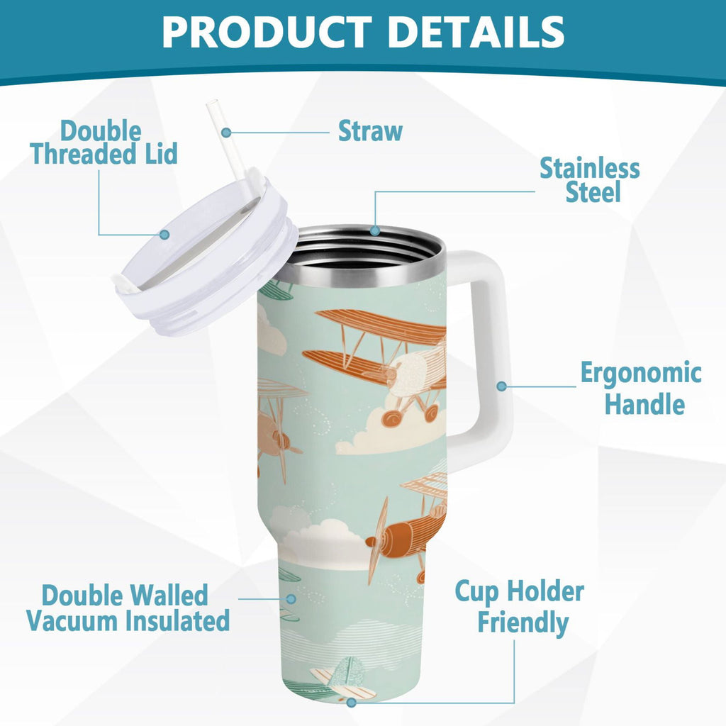 40 oz Insulated Stainless Steel Tumbler Double Wall Stainless Steel Tumbler with 2-Way Drinking Cute Airplanes