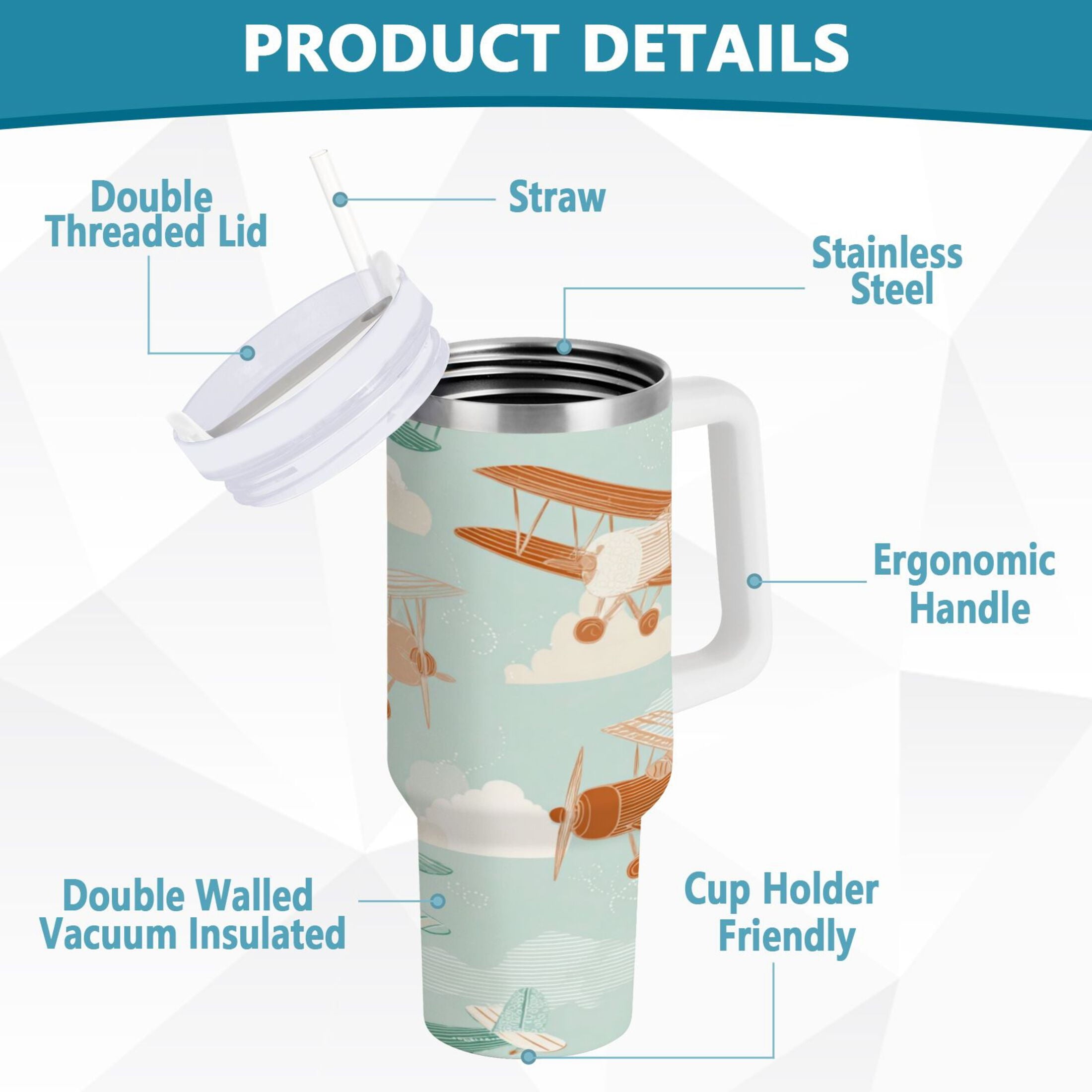 40 oz Insulated Stainless Steel Tumbler Double Wall Stainless Steel Tumbler with 2-Way Drinking Cute Airplanes