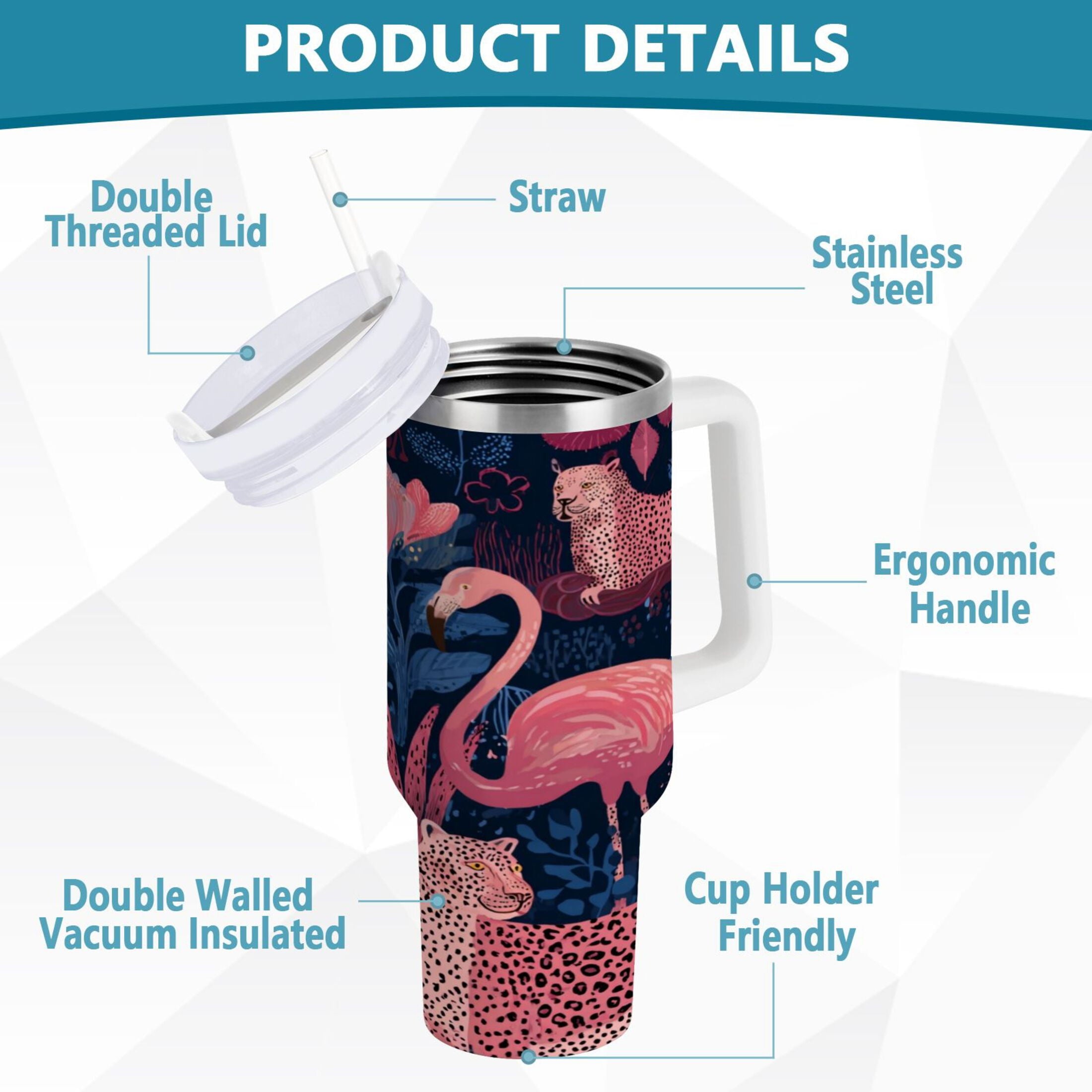 30 oz Insulated Stainless Steel Tumbler Double Wall Stainless Steel Tumbler with 2-Way Drinking Flamingos and Leopard Print