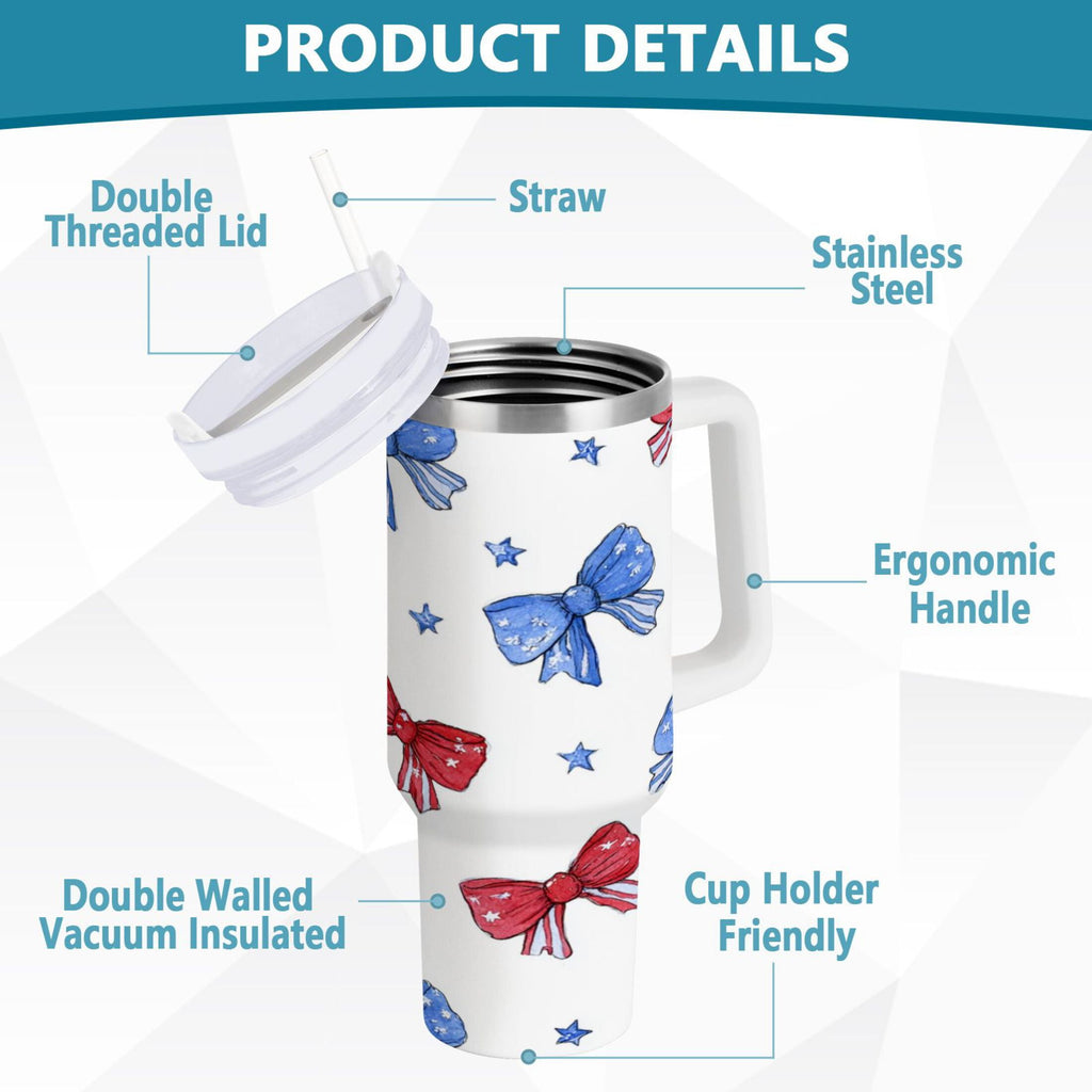 40 oz Insulated Stainless Steel Tumbler Double Wall Stainless Steel Tumbler with 2-Way Drinking Hand-drawn Bows