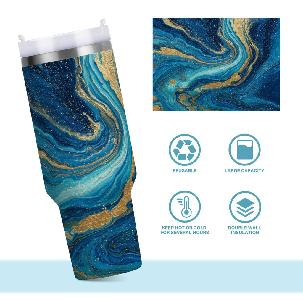 30 oz Insulated Stainless Steel Tumbler Double Wall Stainless Steel Tumbler with 2-Way Drinking Blue and Gold Ocean