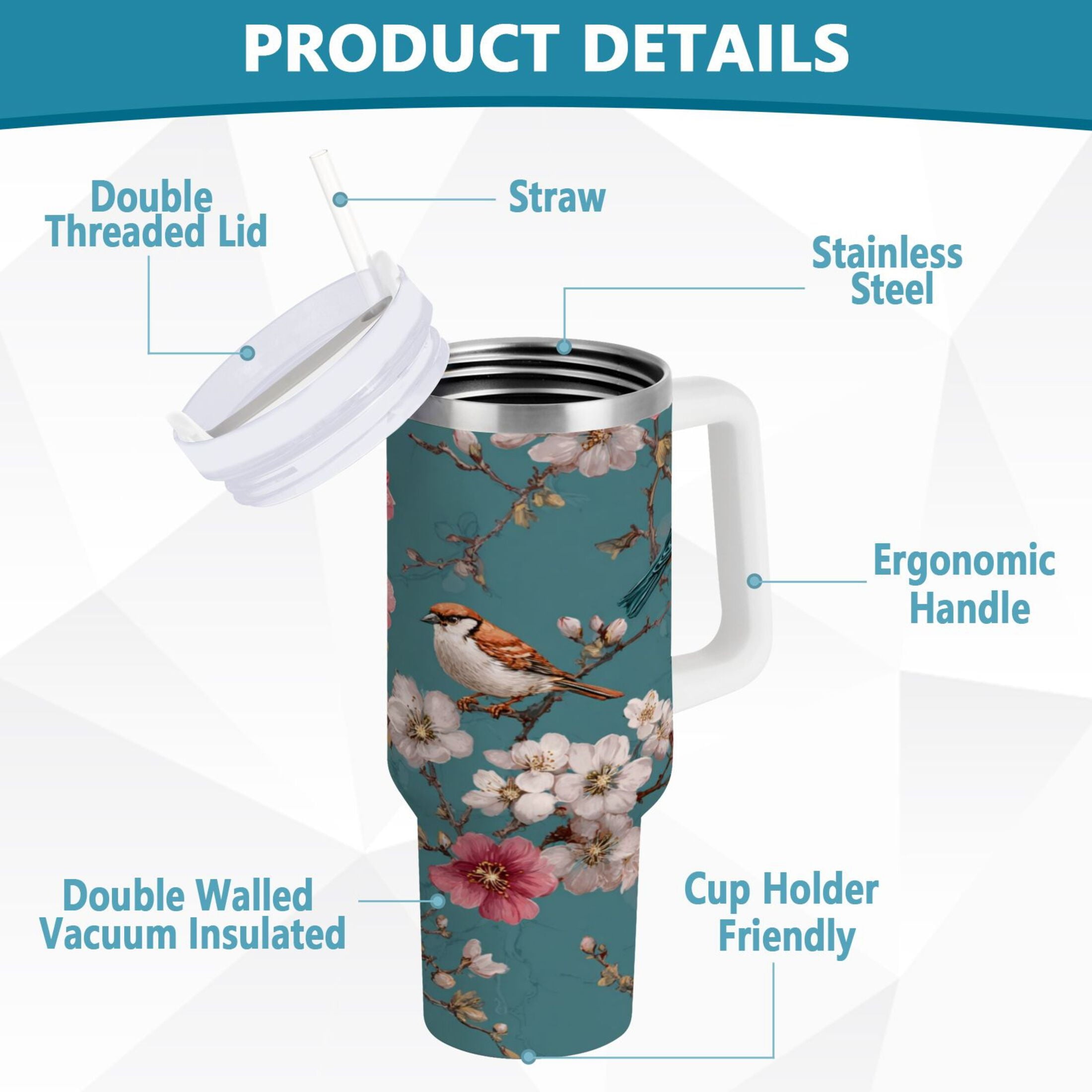 30 oz Insulated Stainless Steel Tumbler Double Wall Stainless Steel Tumbler with 2-Way Drinking Birds and Cherry Pattern