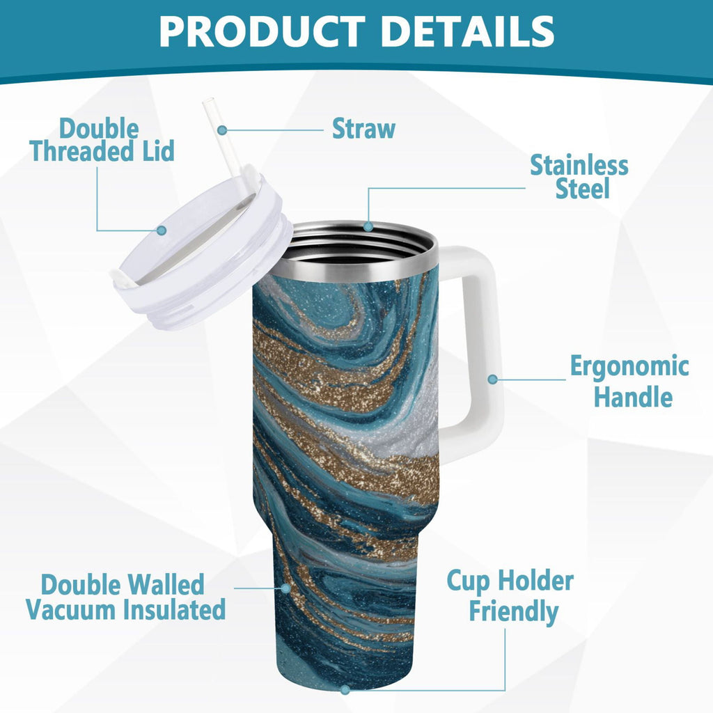 30 oz Insulated Stainless Steel Tumbler Double Wall Stainless Steel Tumbler with 2-Way Drinking Blue and Gold Swirling