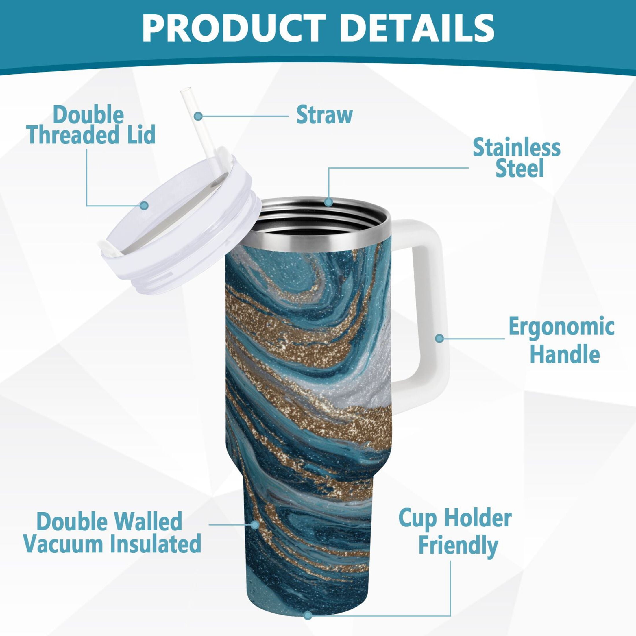 30 oz Insulated Stainless Steel Tumbler Double Wall Stainless Steel Tumbler with 2-Way Drinking Blue and Gold Swirling