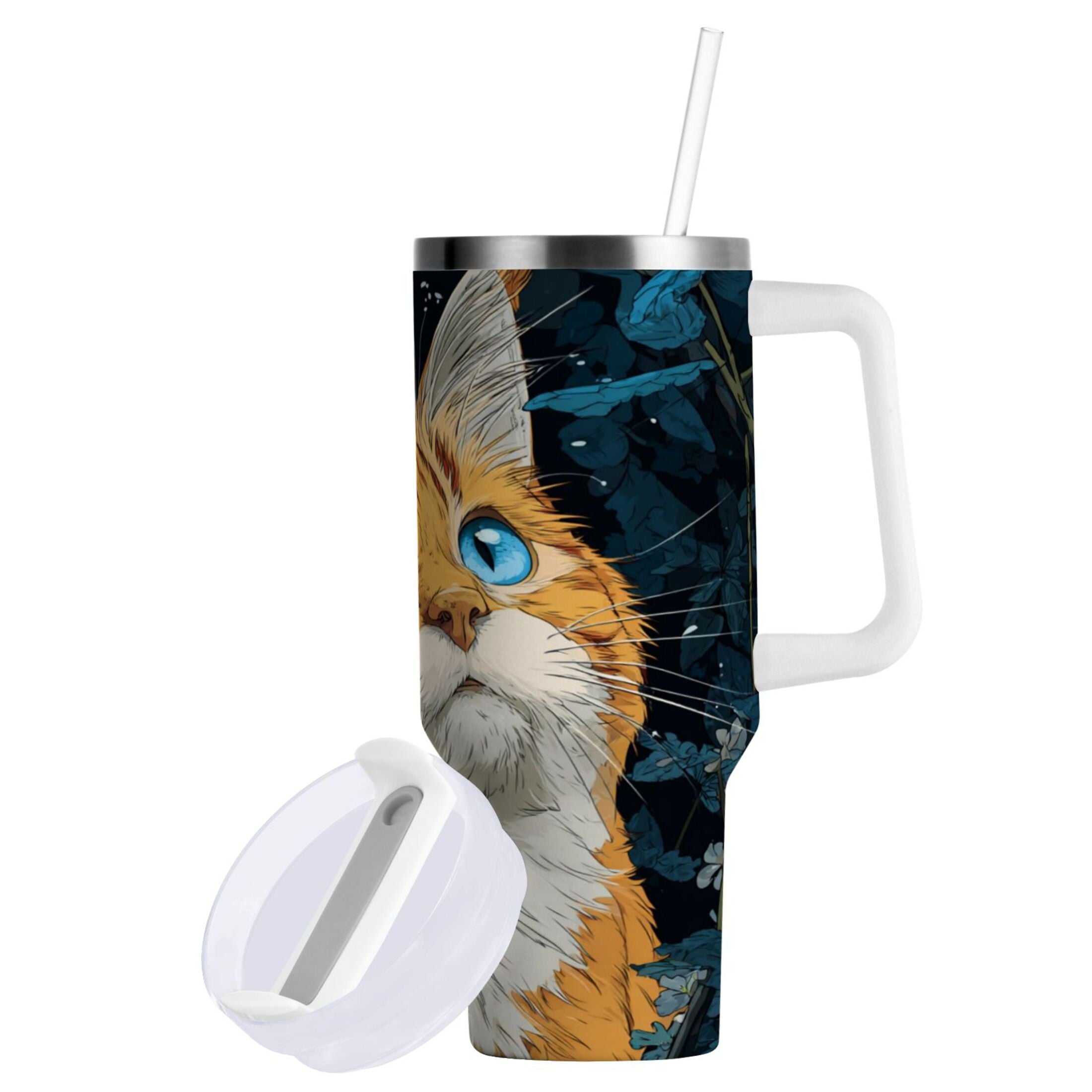 30 oz Insulated Stainless Steel Tumbler Double Wall Stainless Steel Tumbler with 2-Way Drinking Orange Cat with Blue Eyes