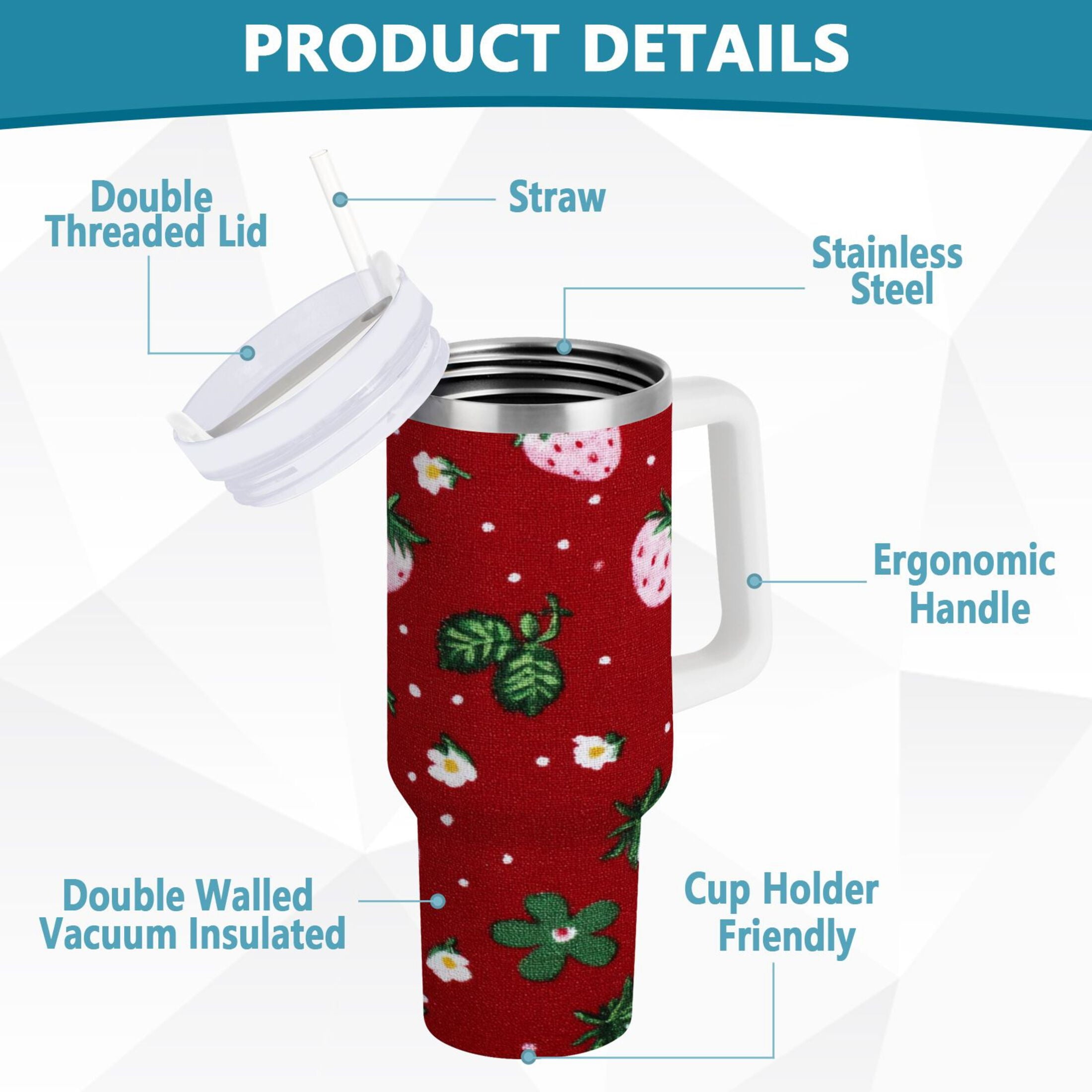 30 oz Insulated Stainless Steel Tumbler Double Wall Stainless Steel Tumbler with 2-Way Drinking Cute Pink Strawberry Pattern
