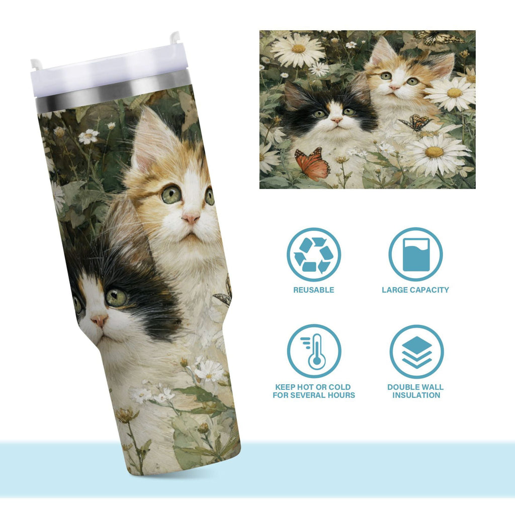30 oz Insulated Stainless Steel Tumbler Double Wall Stainless Steel Tumbler with 2-Way Drinking Adorable Cats and Daisies