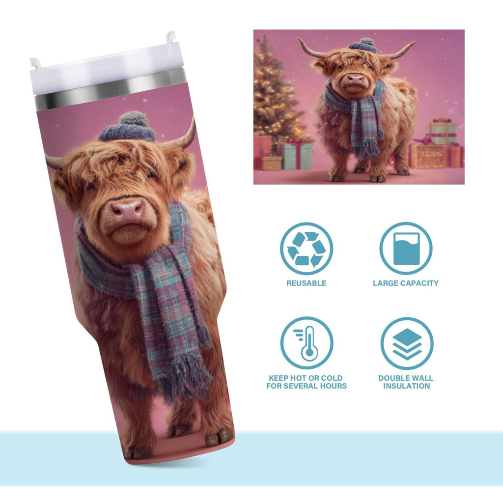 30 oz Insulated Stainless Steel Tumbler Double Wall Stainless Steel Tumbler with 2-Way Drinking Cow Wearing Christmas