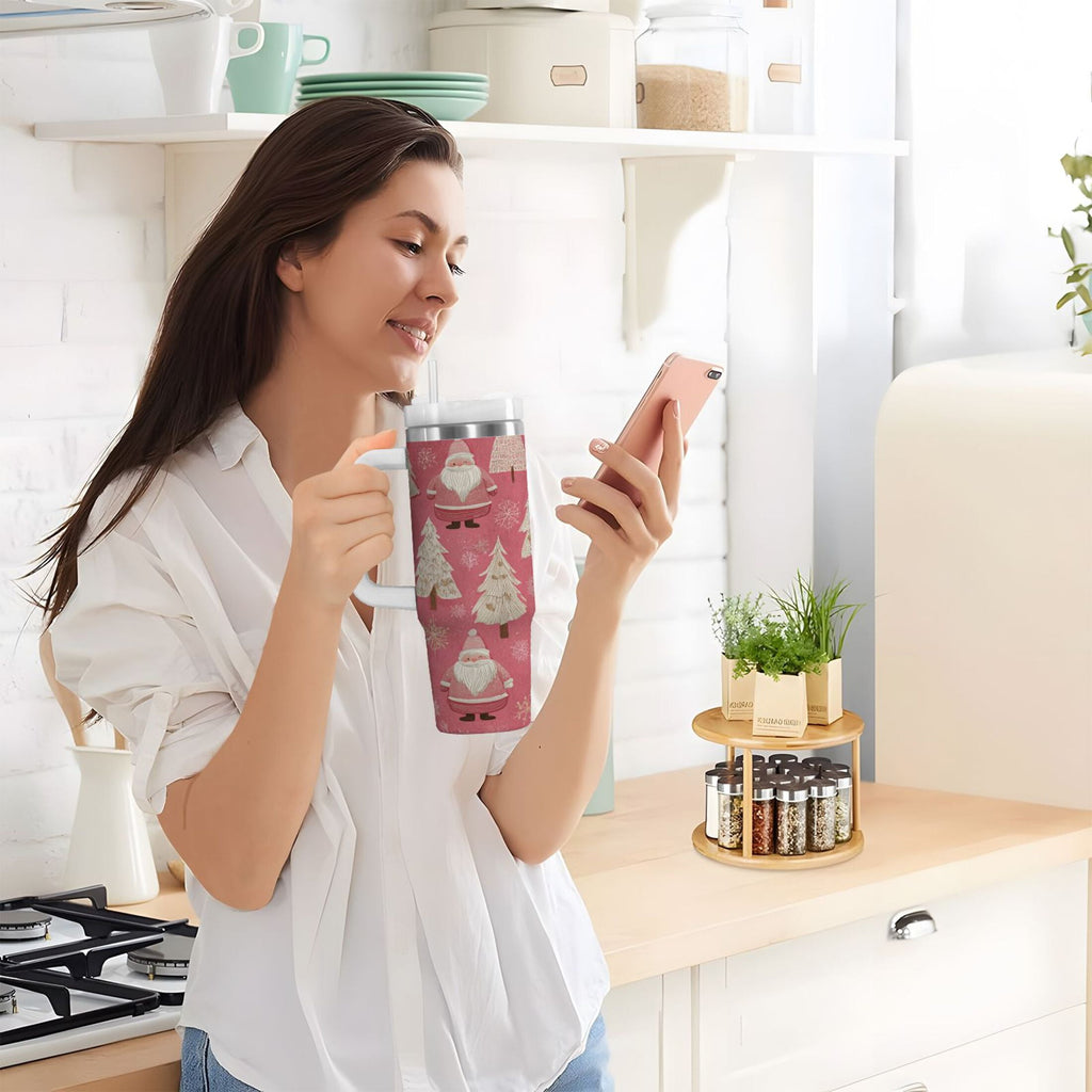40 oz Insulated Stainless Steel Tumbler Double Wall Stainless Steel Tumbler with 2-Way Drinking Pink Santa Claus Pattern