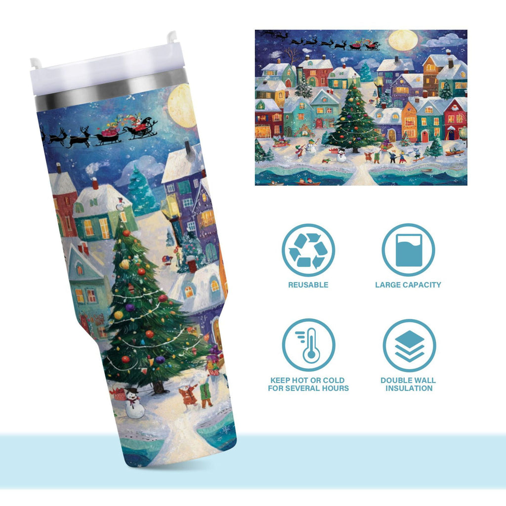 30 oz Insulated Stainless Steel Tumbler Double Wall Stainless Steel Tumbler with 2-Way Drinking Charming Christmas Scene