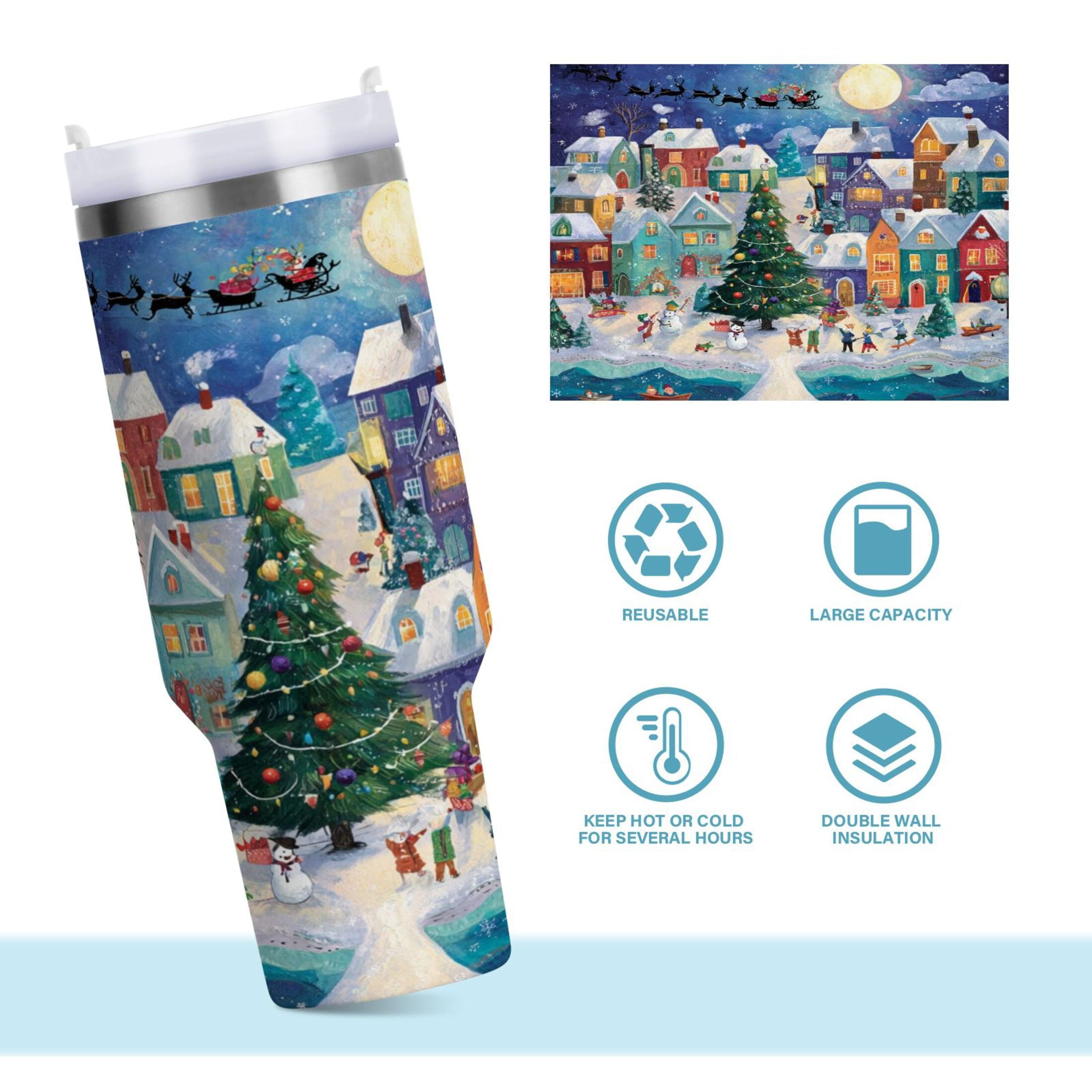 30 oz Insulated Stainless Steel Tumbler Double Wall Stainless Steel Tumbler with 2-Way Drinking Charming Christmas Scene