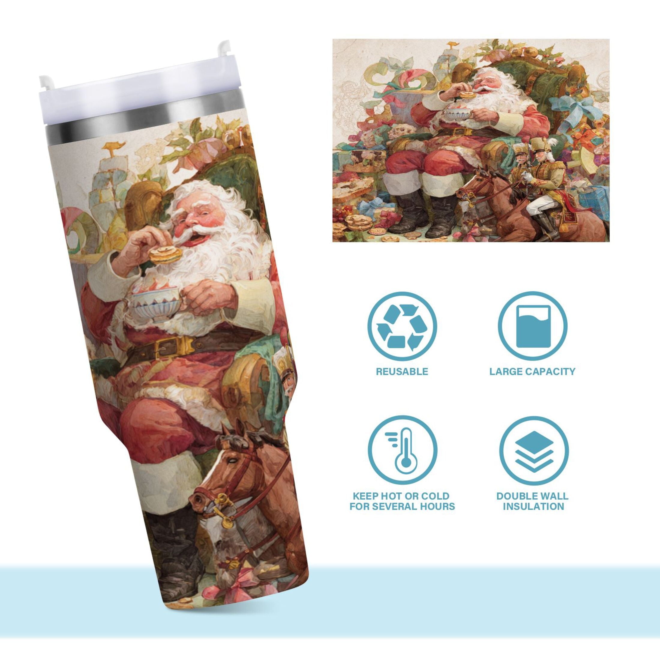 30 oz Insulated Stainless Steel Tumbler Double Wall Stainless Steel Tumbler with 2-Way Drinking Santa Claus Sitting in Chair