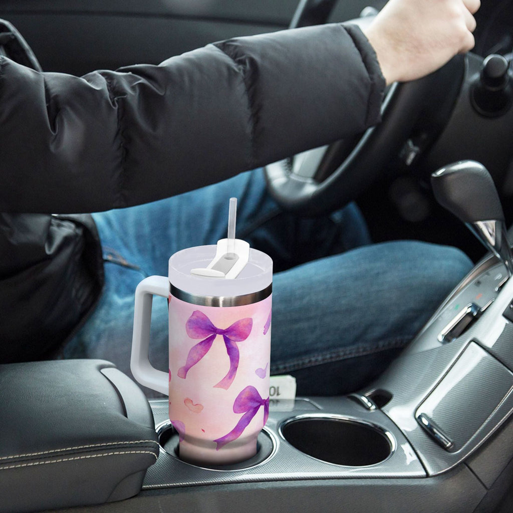 30 oz Insulated Stainless Steel Tumbler Double Wall Stainless Steel Tumbler with 2-Way Drinking Watercolor Purple Bows